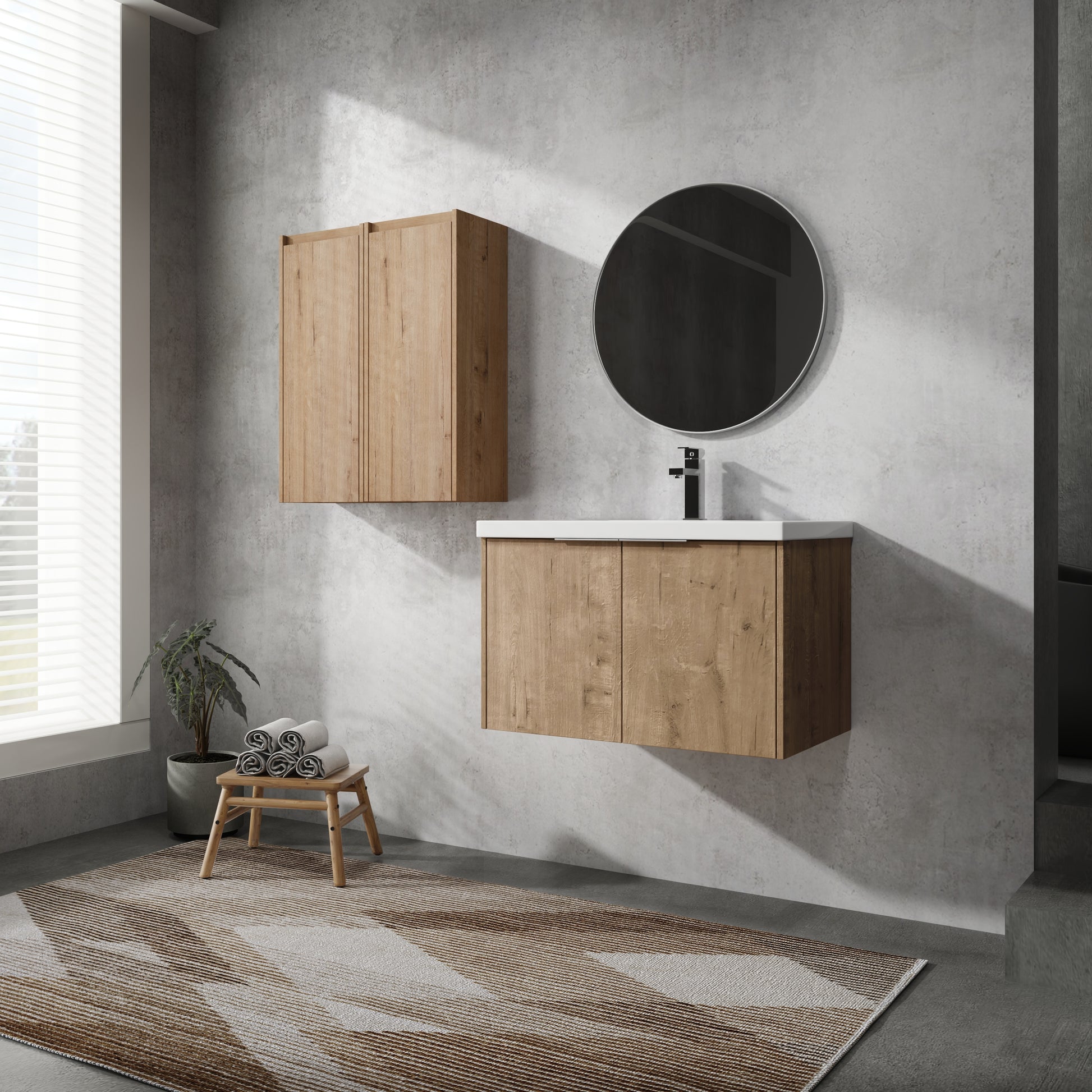 Modern floating oak bathroom vanity with clean lines and ample storage