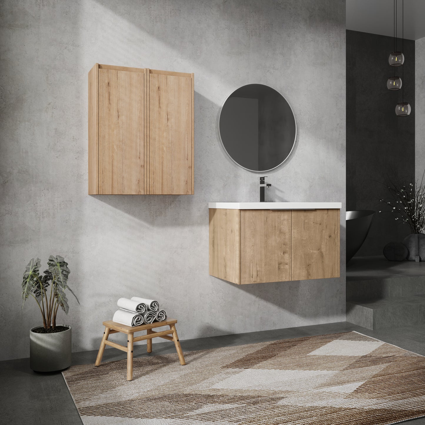 Floating oak wood bathroom vanity with clean lines and modern hardware