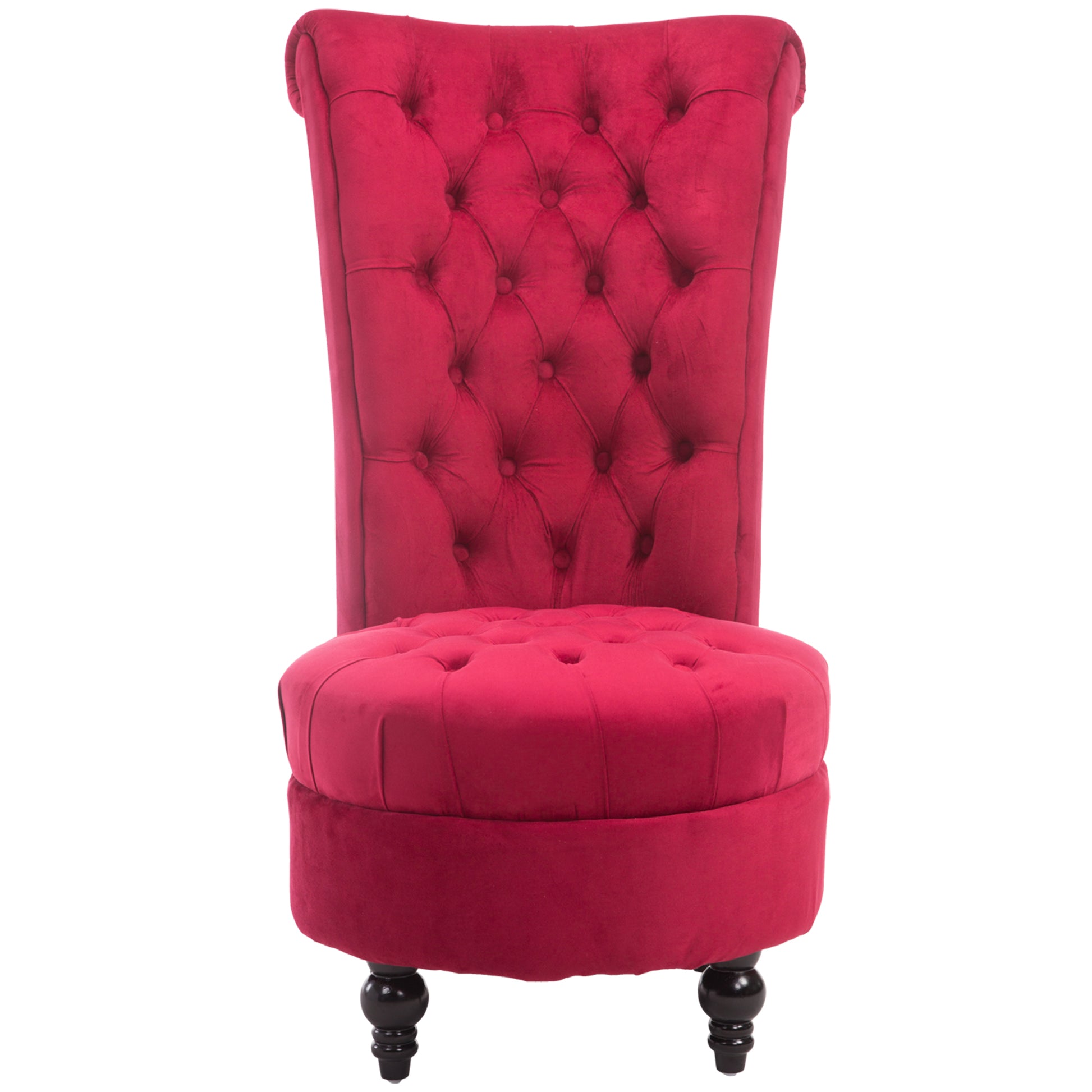 Plush red velvet armchair with deep button tufting and ornate turned legs
