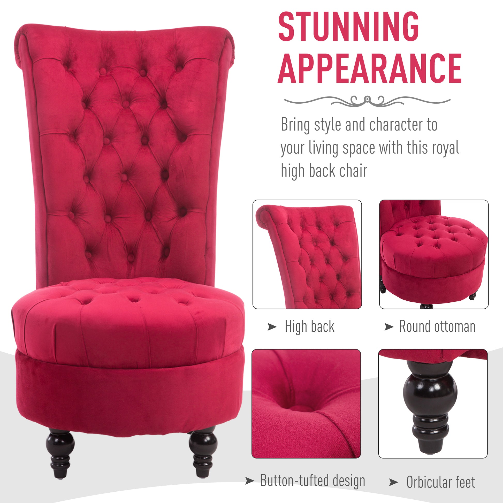 Red velvet high back accent chair with button tufting and round ottoman