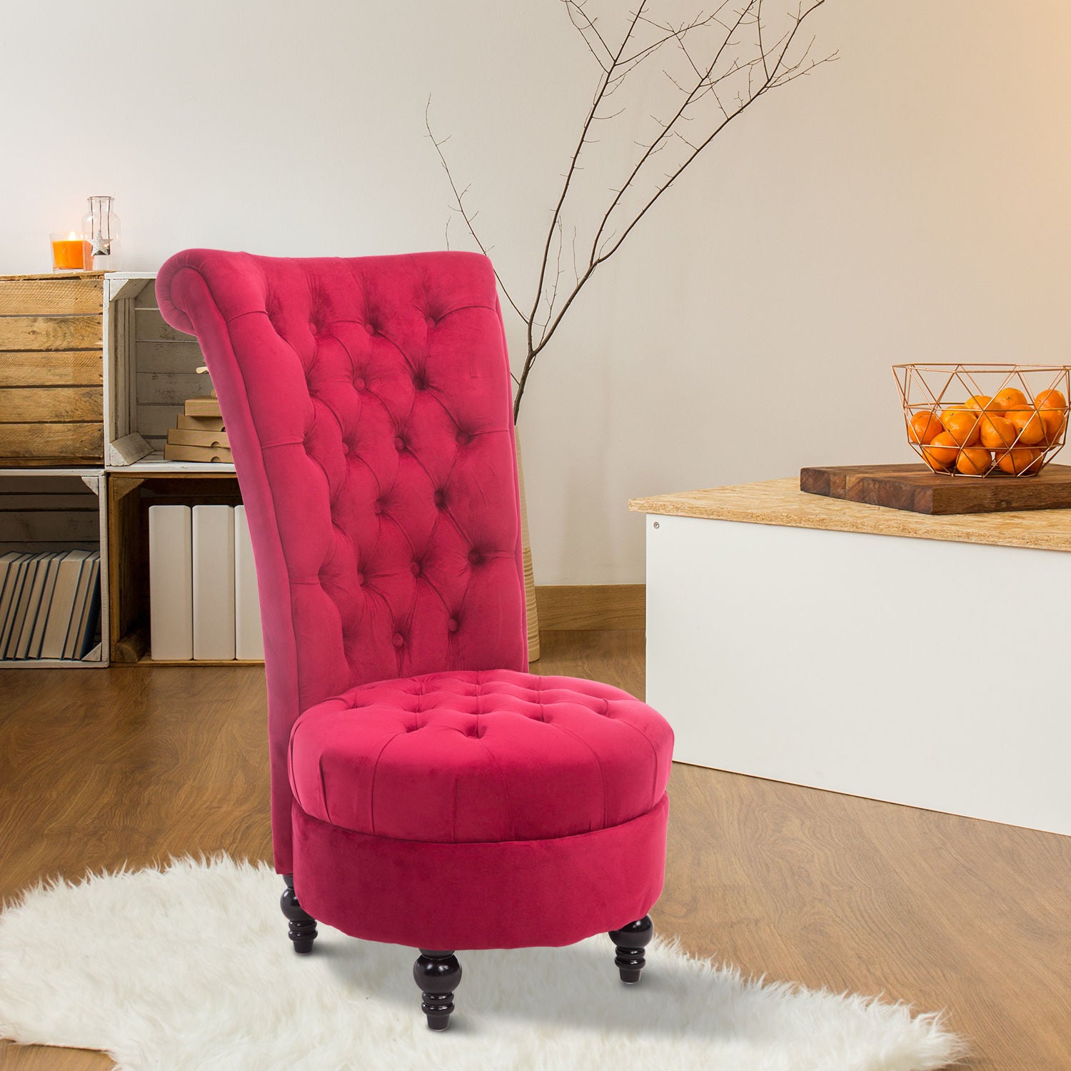 Velvet accent chair with diamond tufting in fuchsia