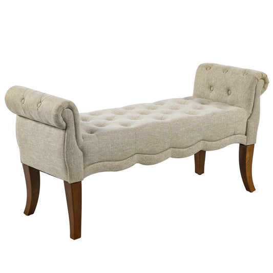 Tufted linen bench with scrolled arms and dark wood legs ideal for entryway seating