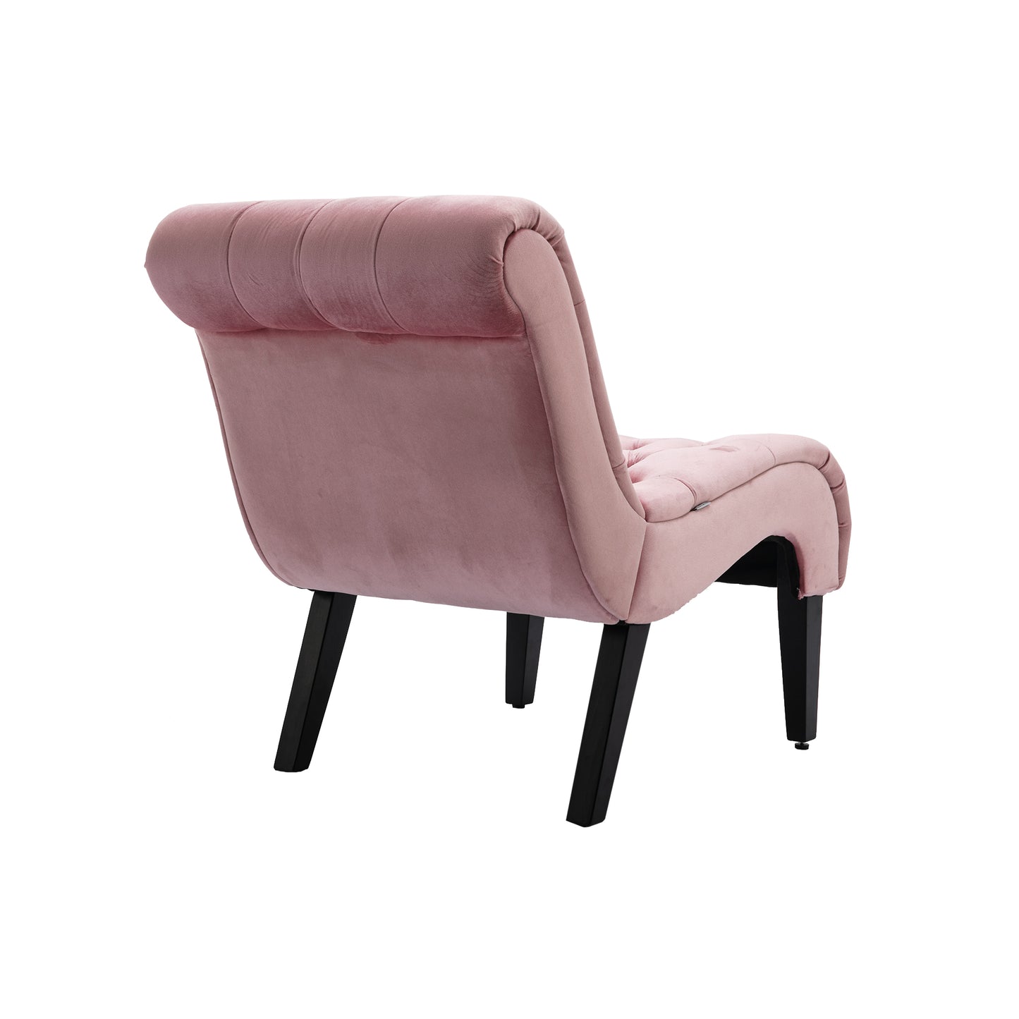Pink velvet accent chair with tufted back and black legs