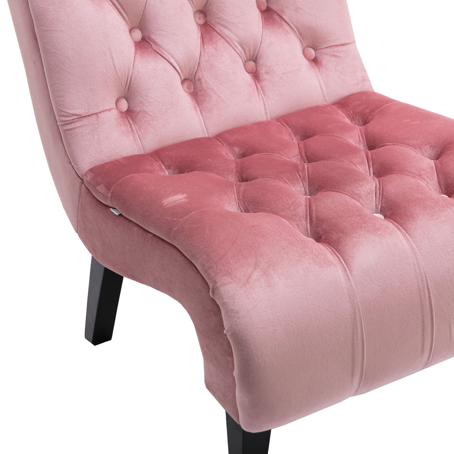 Tufted pink velvet accent chair with diamond stitching and dark wooden legs