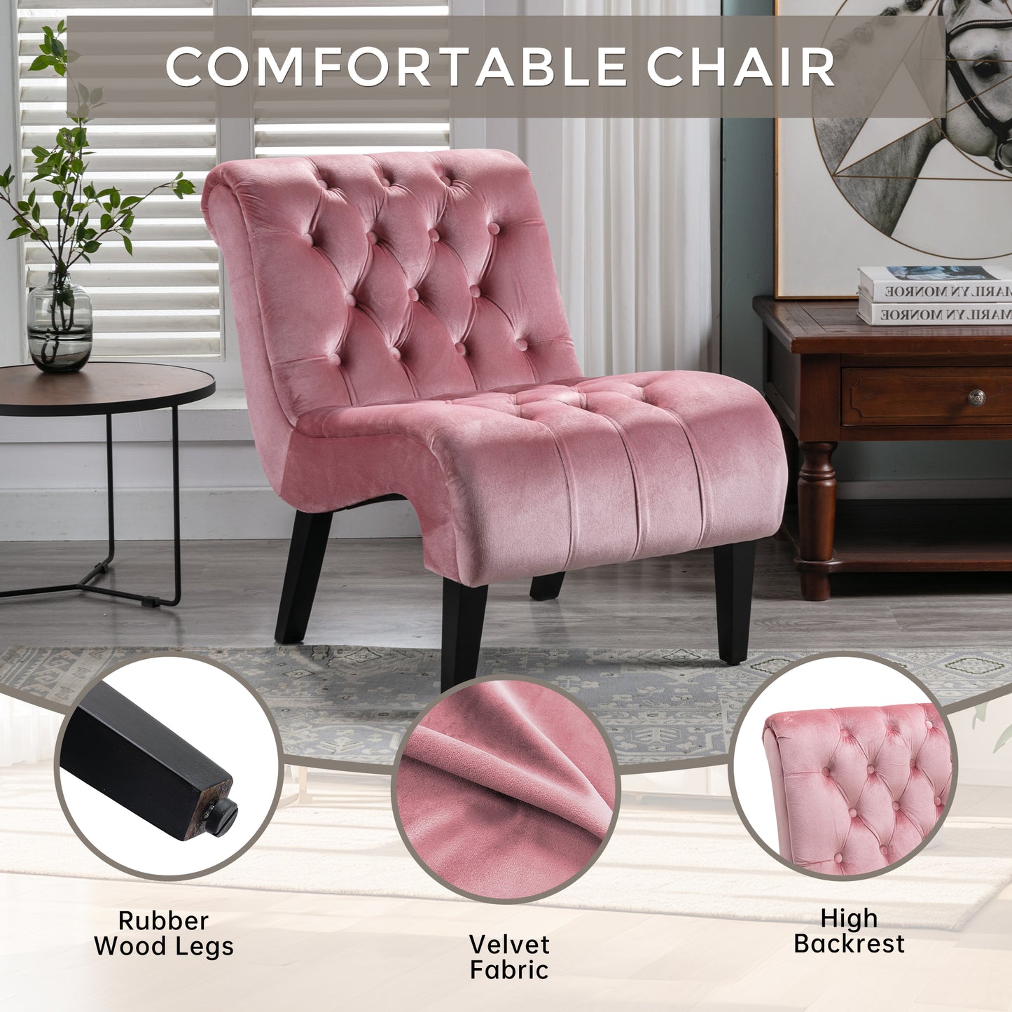 Elegant pink velvet accent chair with tufted backrest and sturdy black legs