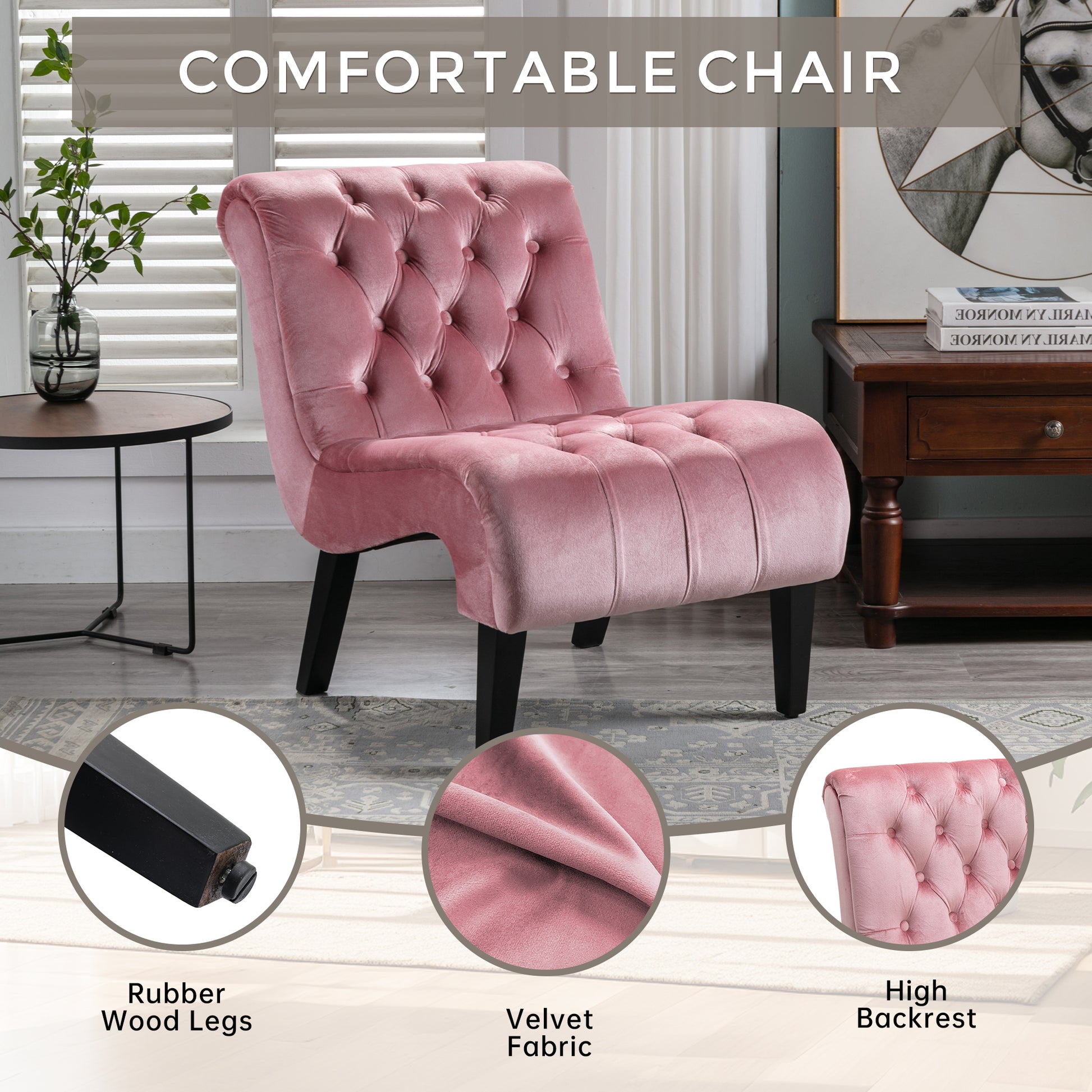 Elegant pink velvet accent chair with tufted backrest and sturdy black legs