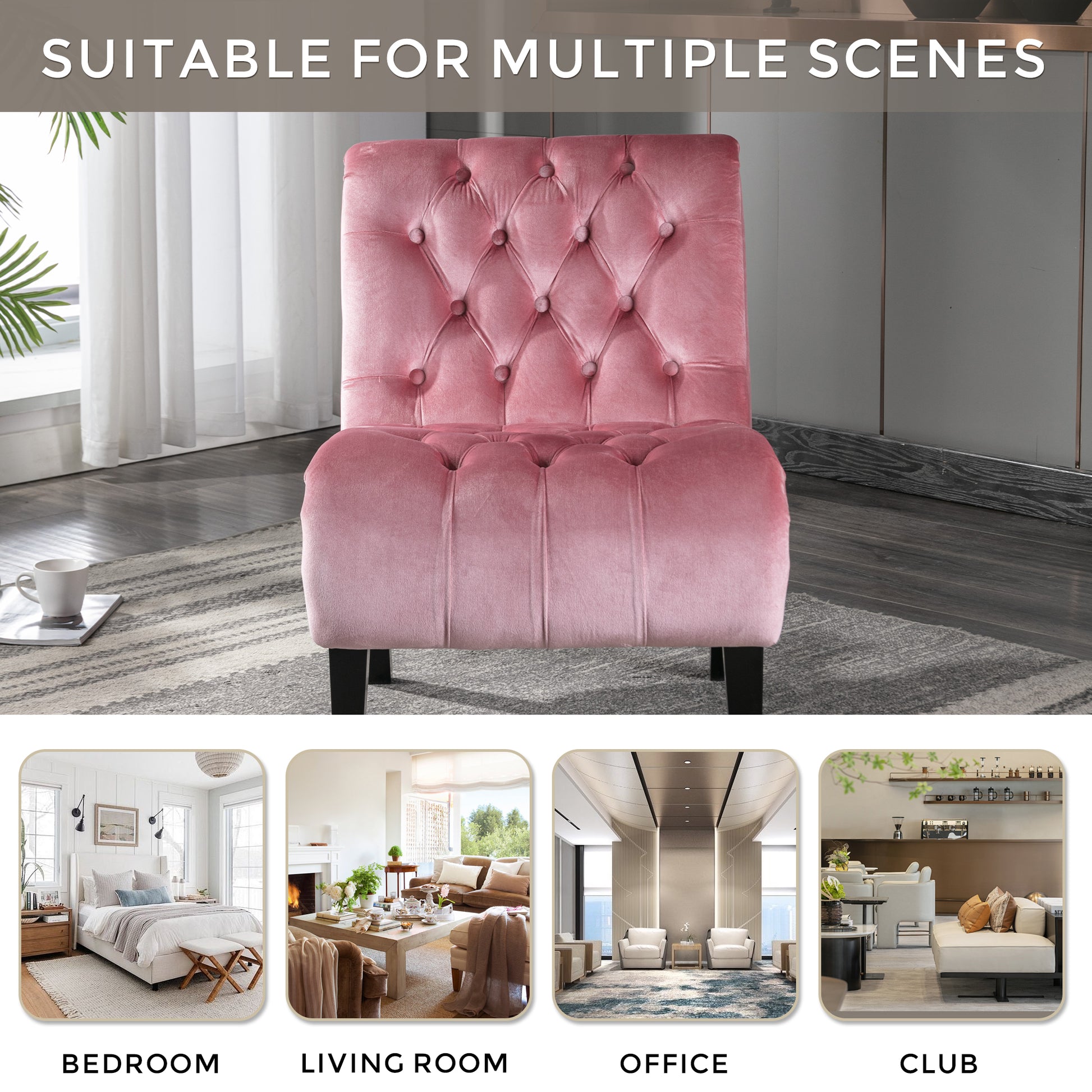 Pink velvet accent chair with tufted diamond pattern and wooden legs