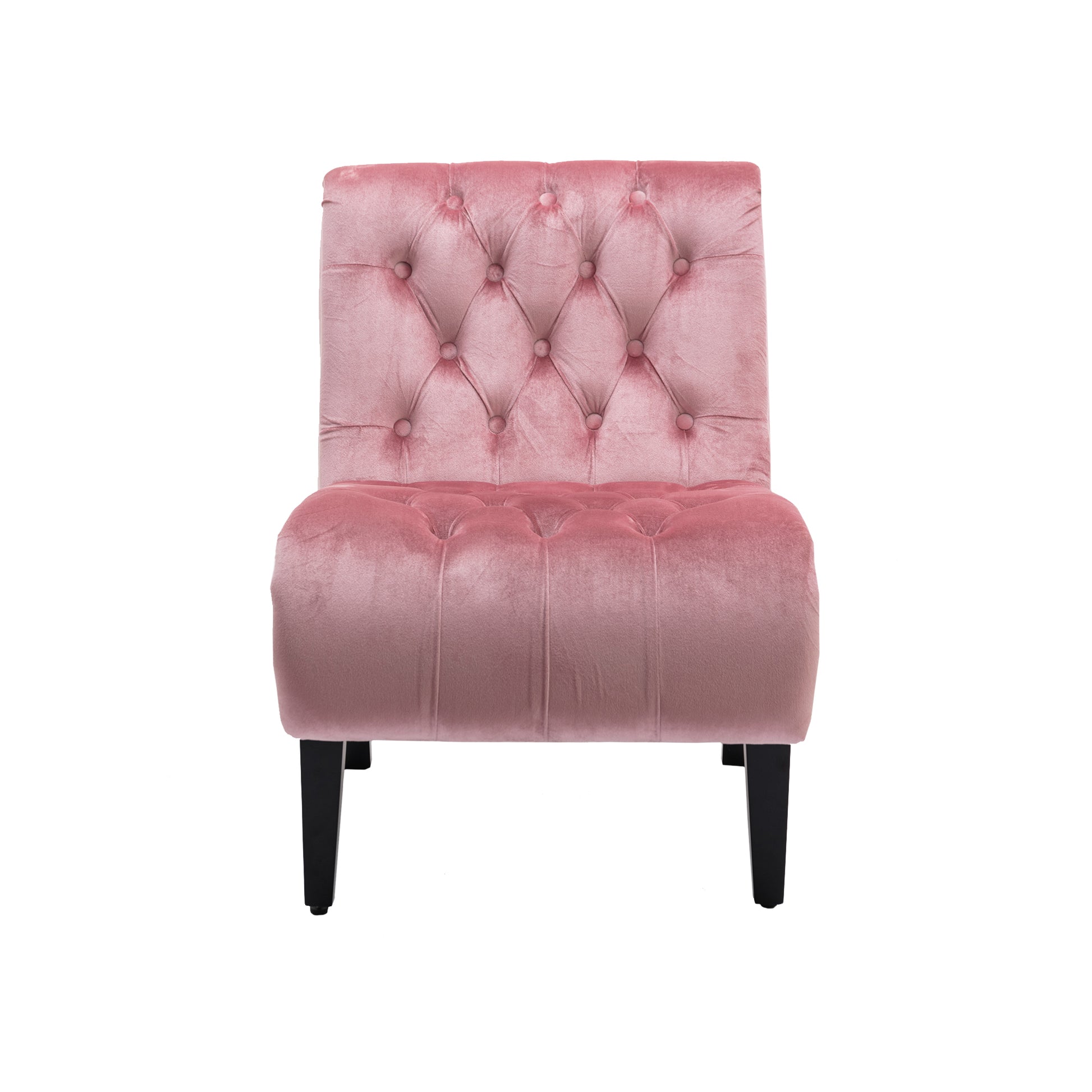 Pink velvet accent chair with diamond tufting and black legs
