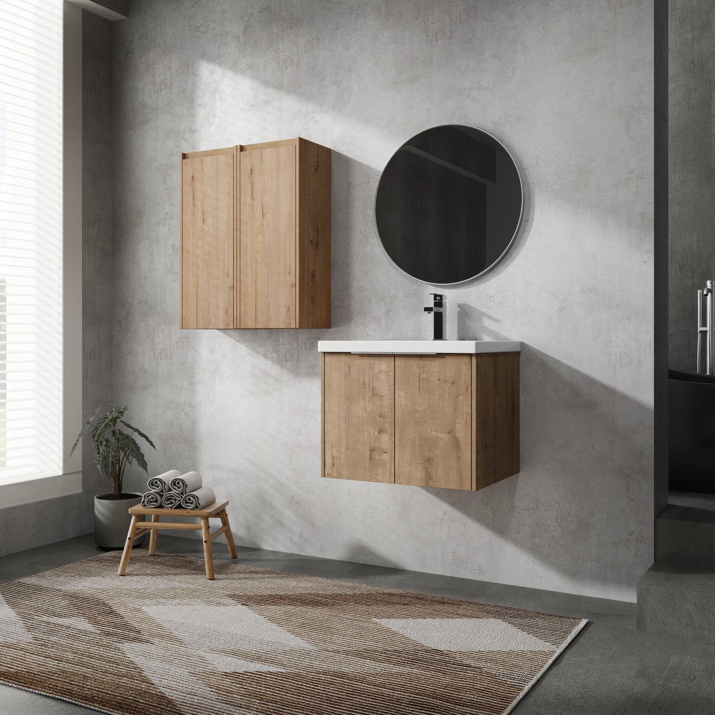 Floating wooden bathroom vanity with white countertop and black faucet