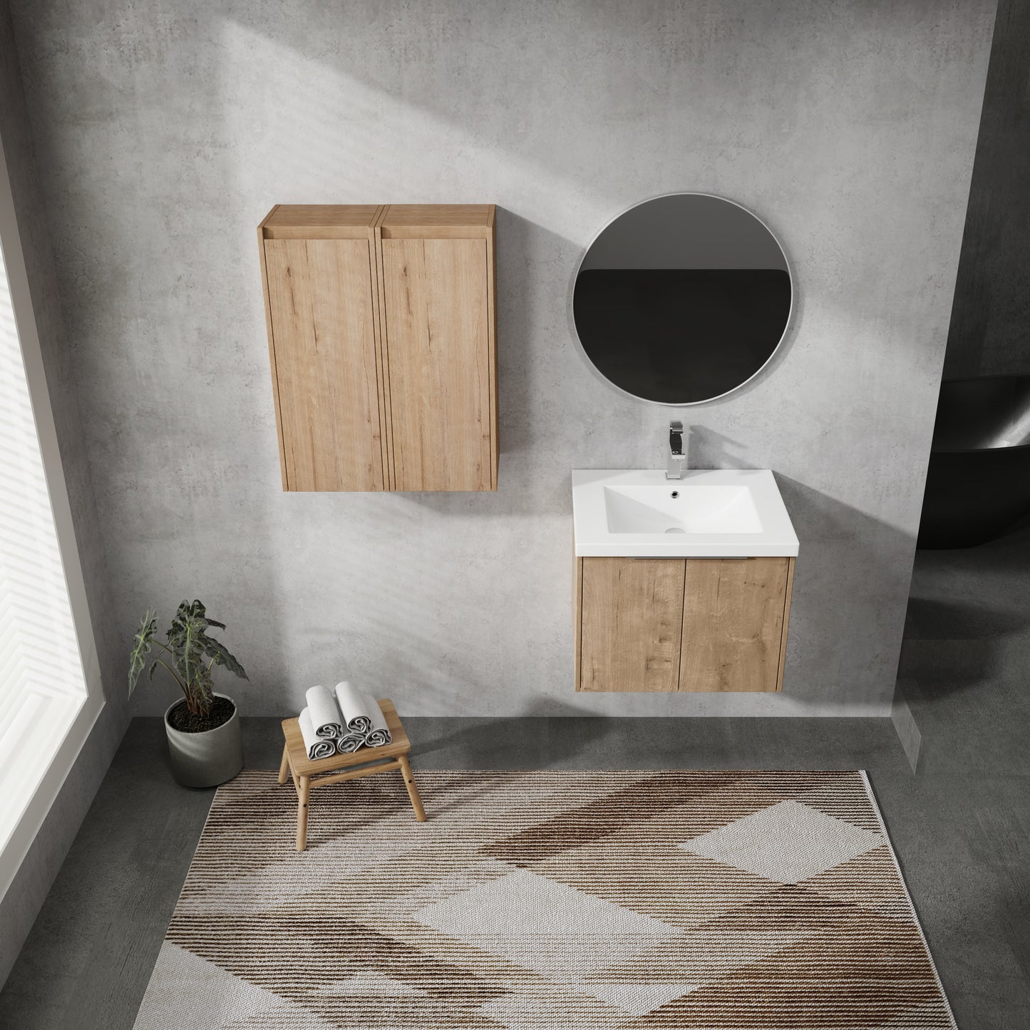 Modern oak wood wallmounted vanity with white ceramic sink and chrome faucet