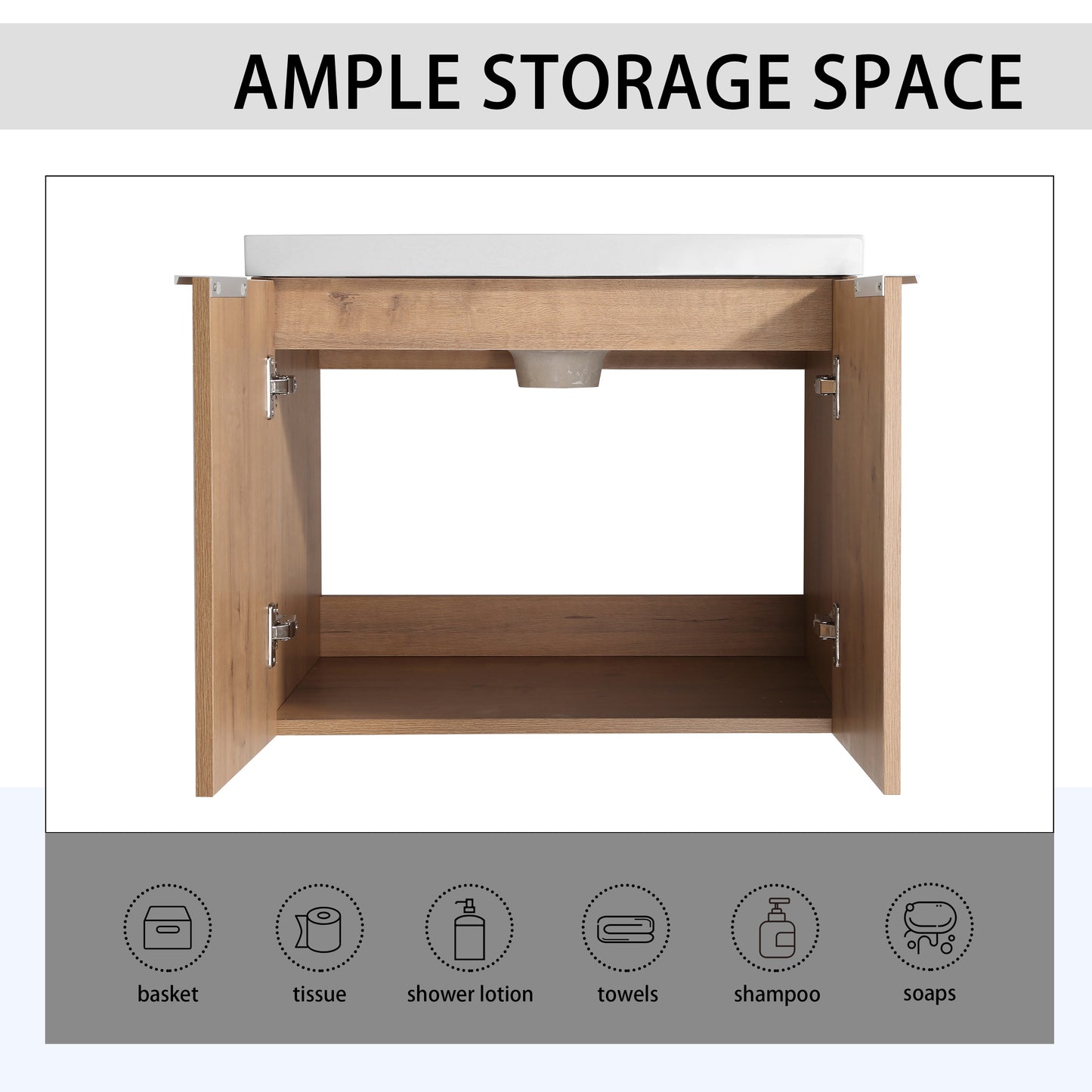 Oak finish bathroom vanity with open storage and white sink basin