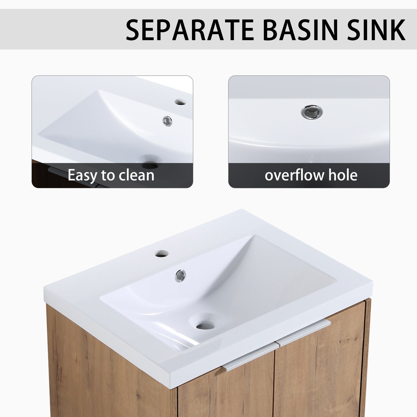 Modern white ceramic vessel sink with overflow hole and wood grain vanity
