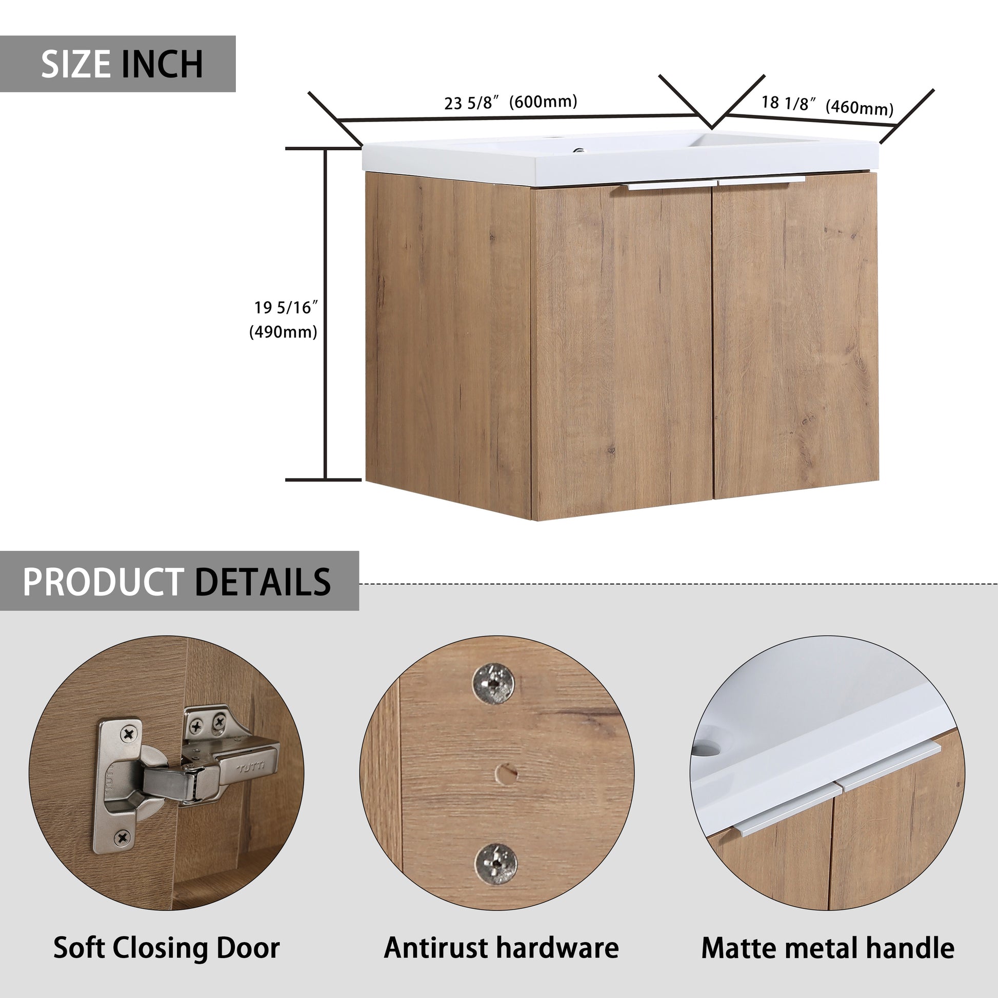Modern oak vanity cabinet with white ceramic sink dimensions  W x  D