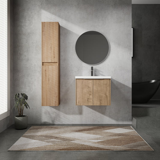 Light oak wood bathroom vanity with double doors and white countertop