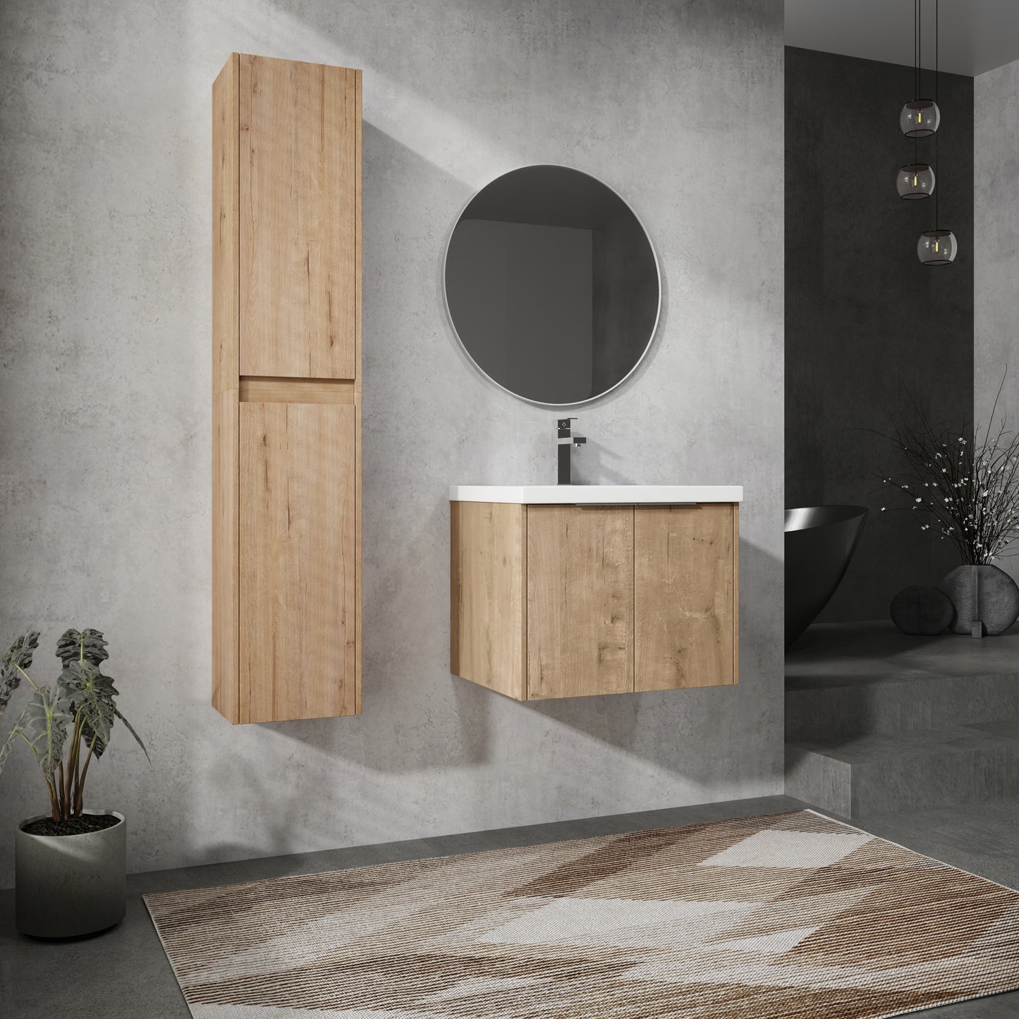 Floating oak bathroom vanity with modern white countertop and chrome faucet