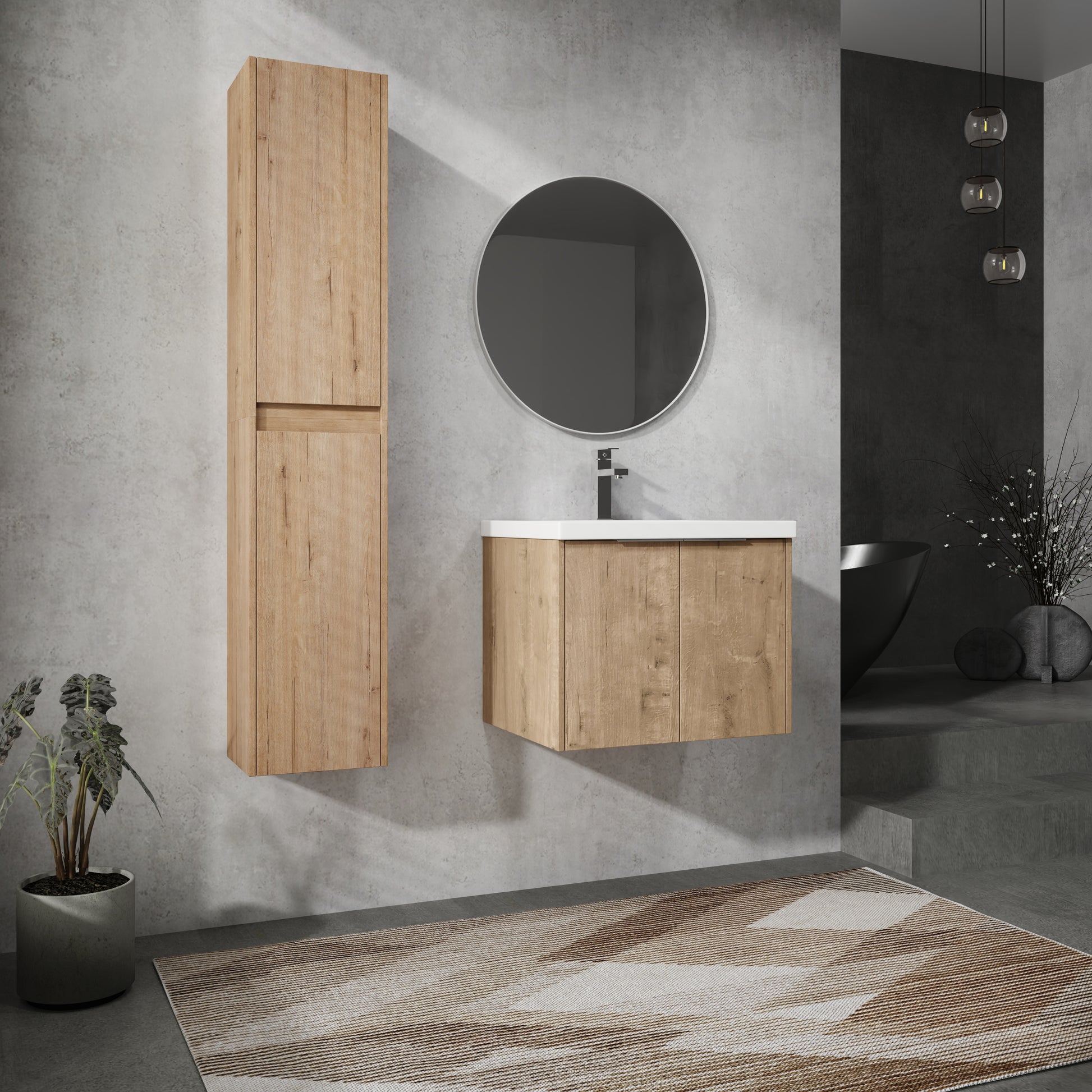 Floating oak bathroom vanity with modern white countertop and chrome faucet