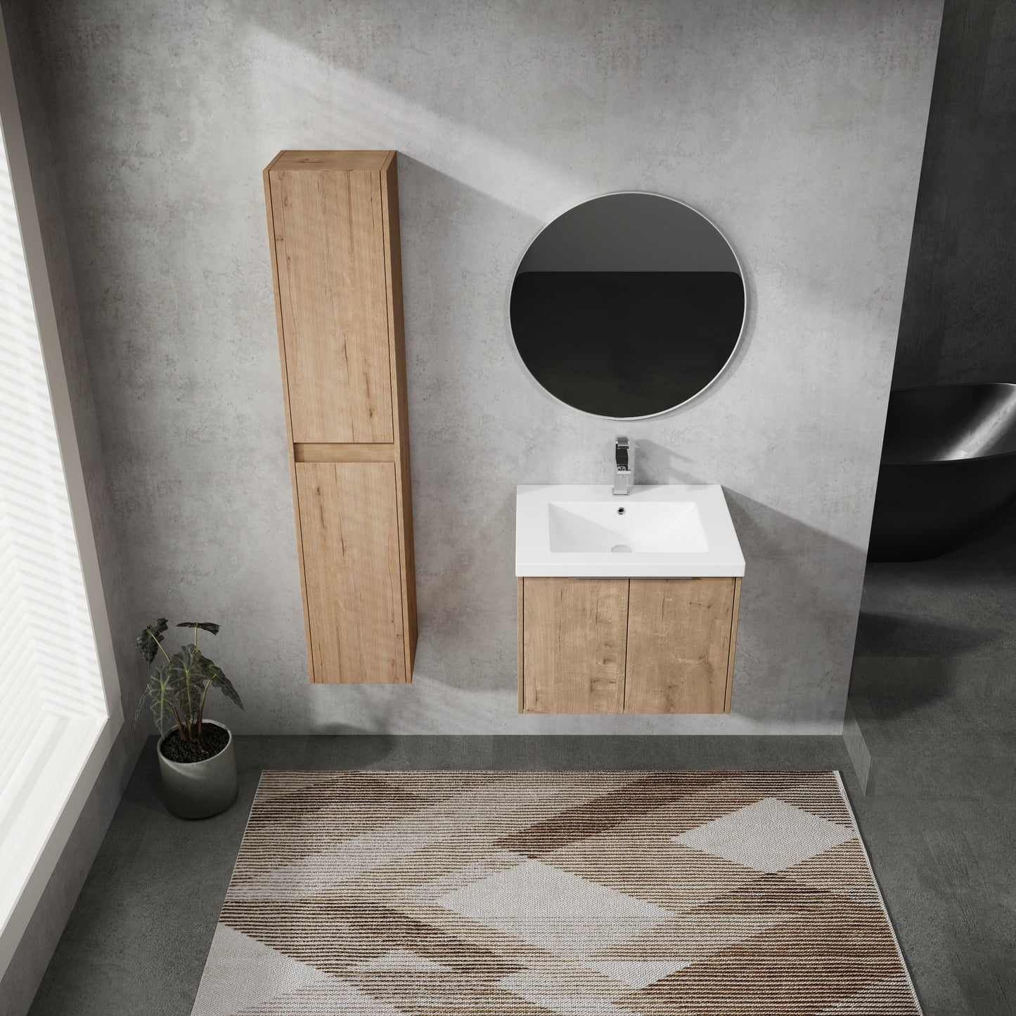 Natural wood grain vanity with white ceramic sink and chrome faucet ideal for modern bathrooms