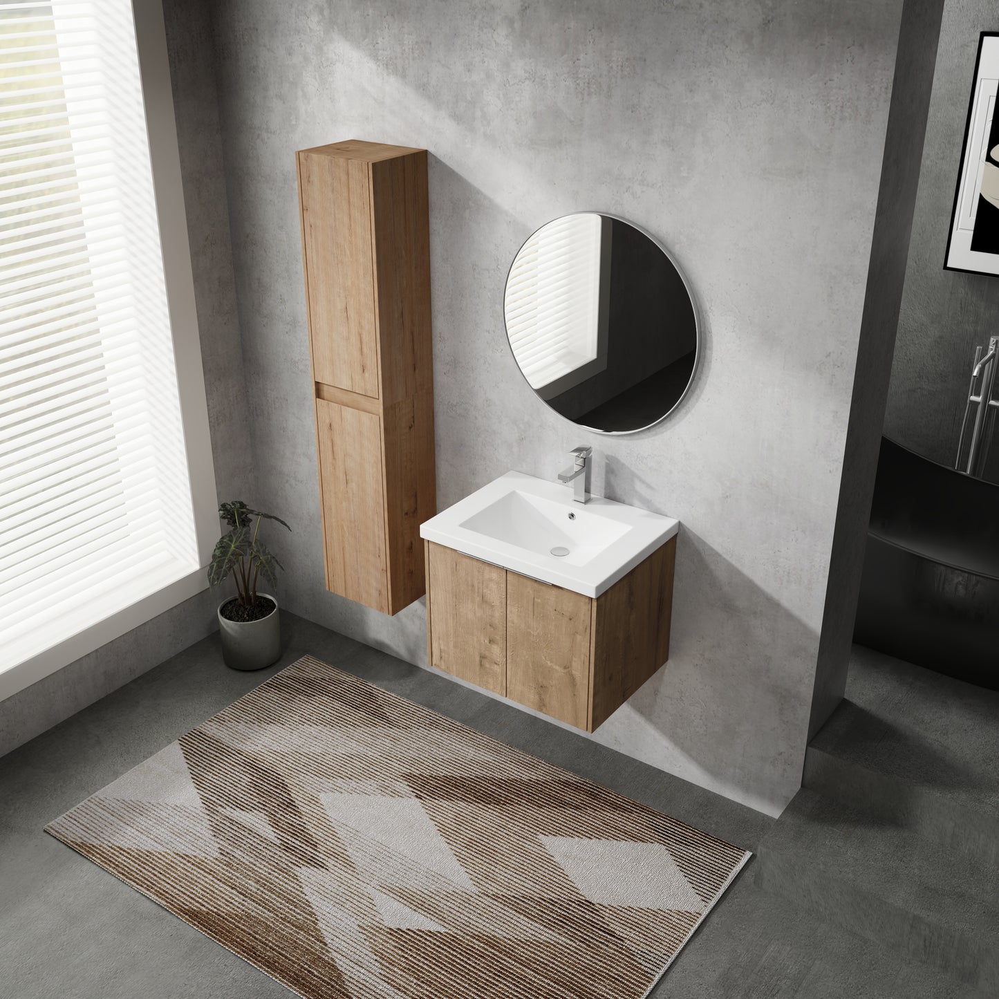 Modern oak vanity with white sink and chrome faucet perfect for a minimalist bathroom design