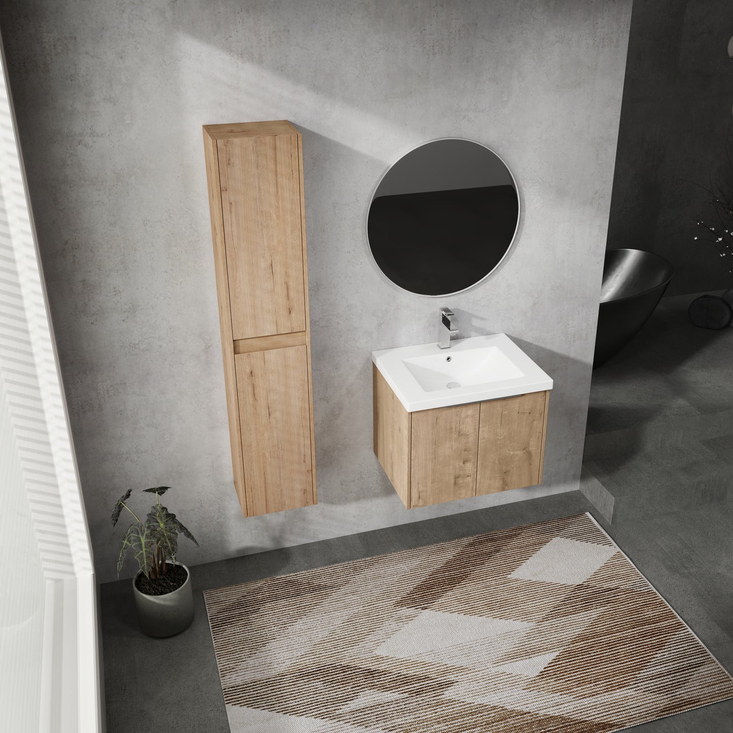 Modern oak wood vanity with white sink and chrome faucet