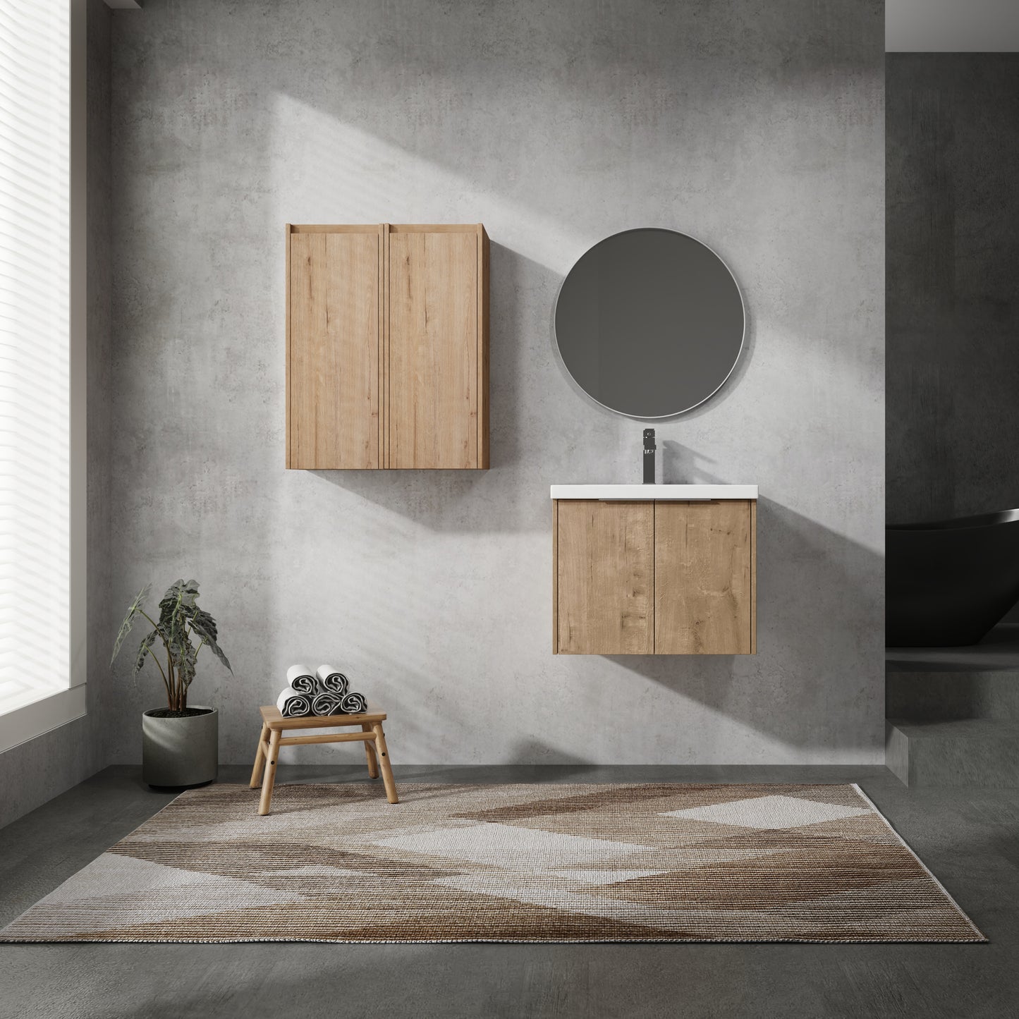 Modern oak vanity with ceramic sink and chrome faucet bathroom essential
