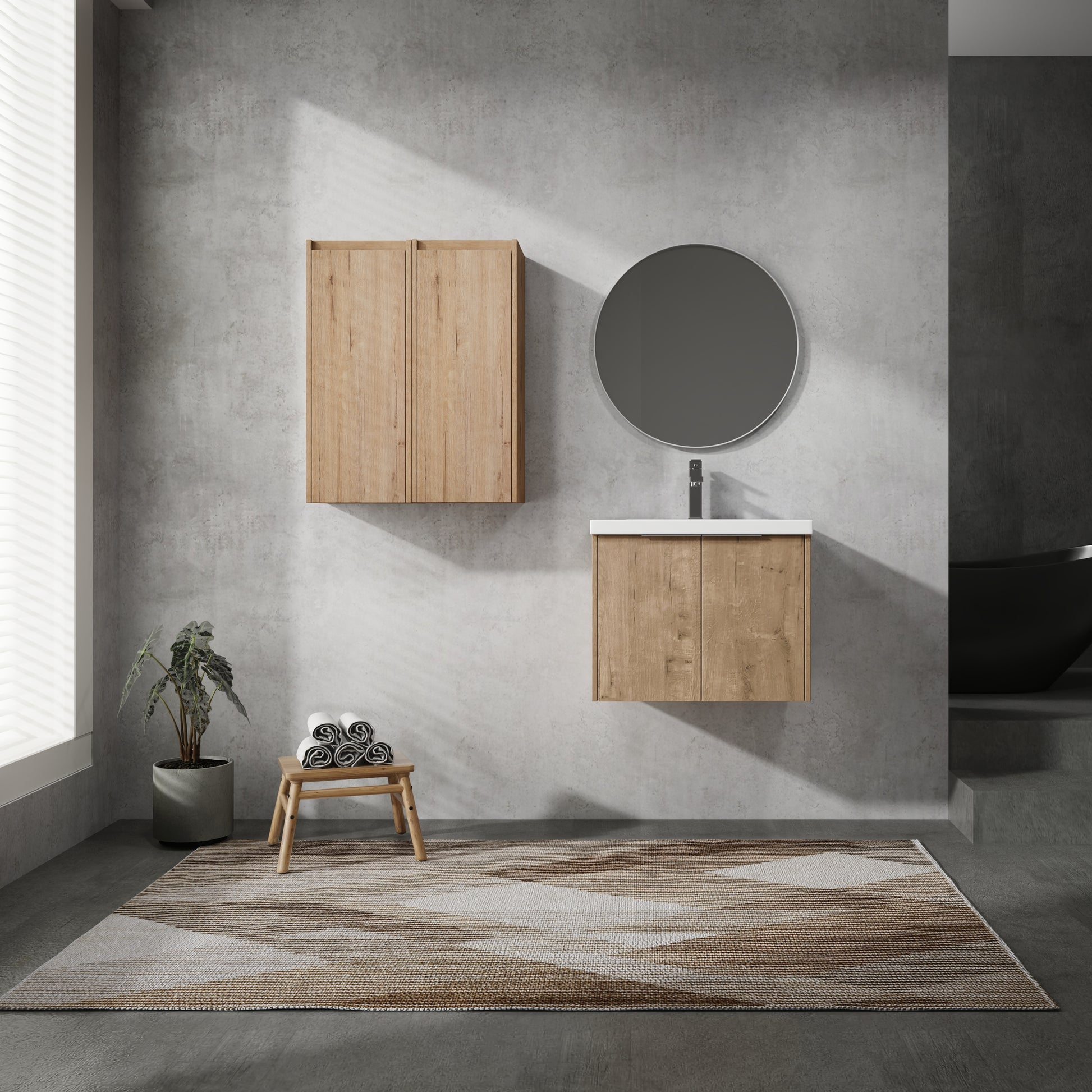 Modern oak vanity with ceramic sink and chrome faucet bathroom essential