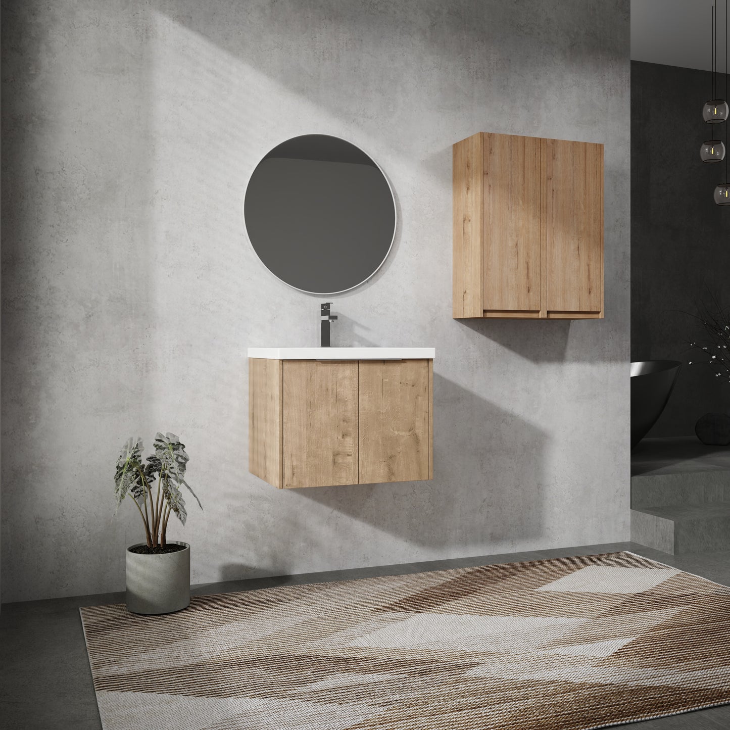 Modern wallmounted oak bathroom vanity with white countertop and sleek chrome faucet