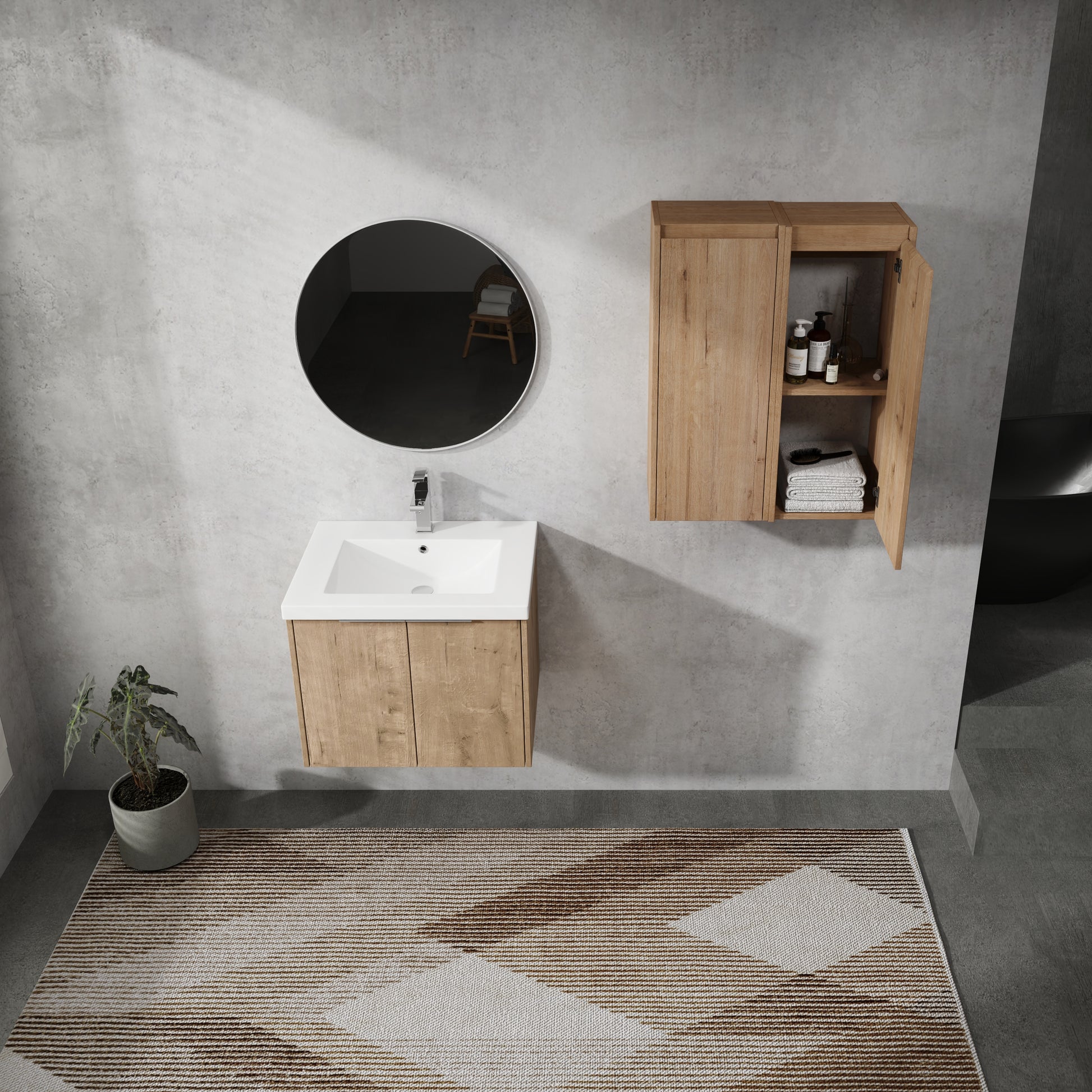 Modern oak bathroom vanity with white sink and chrome faucet for a stylish washroom