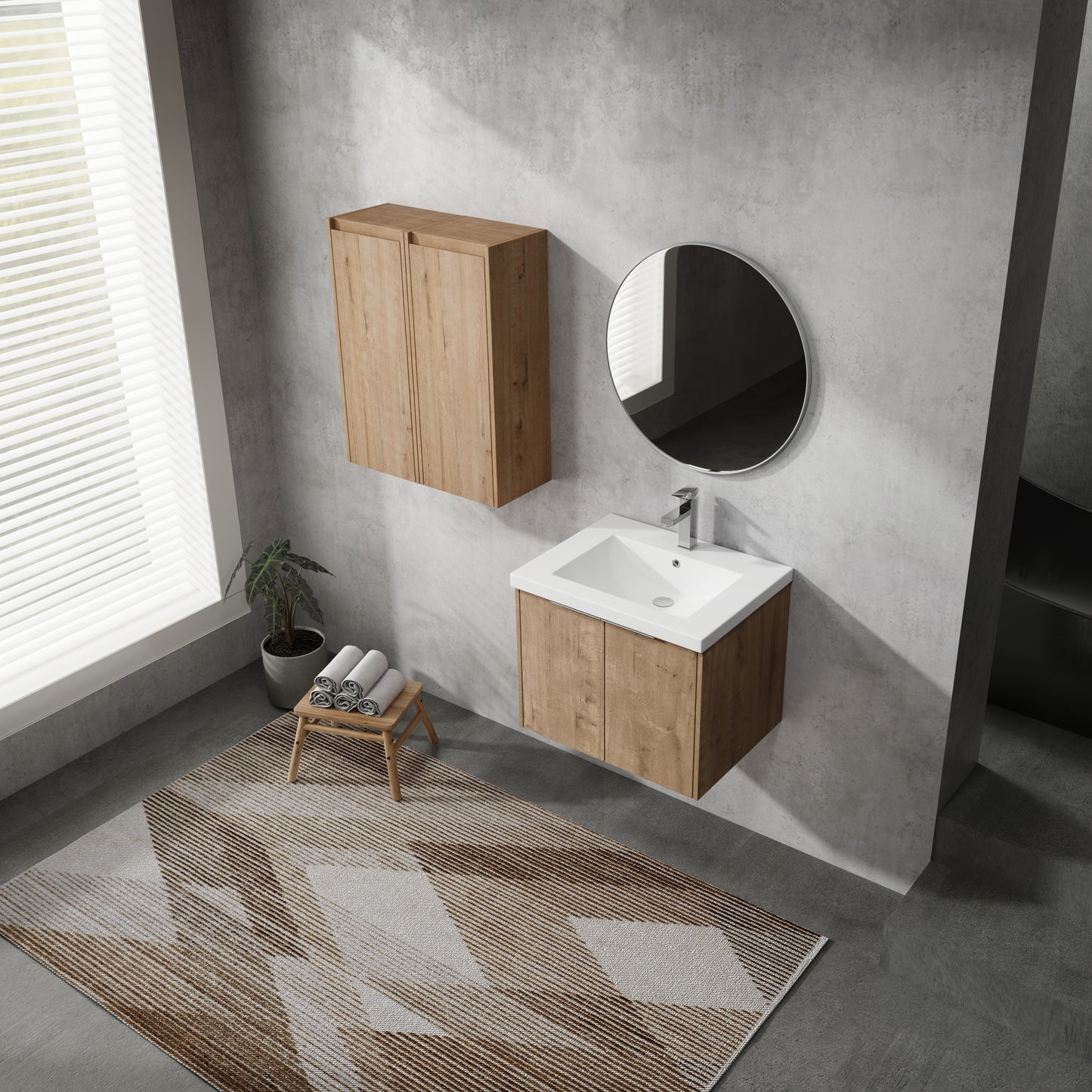 Modern oak vanity cabinet with white sink and chrome faucet in a minimalist bathroom
