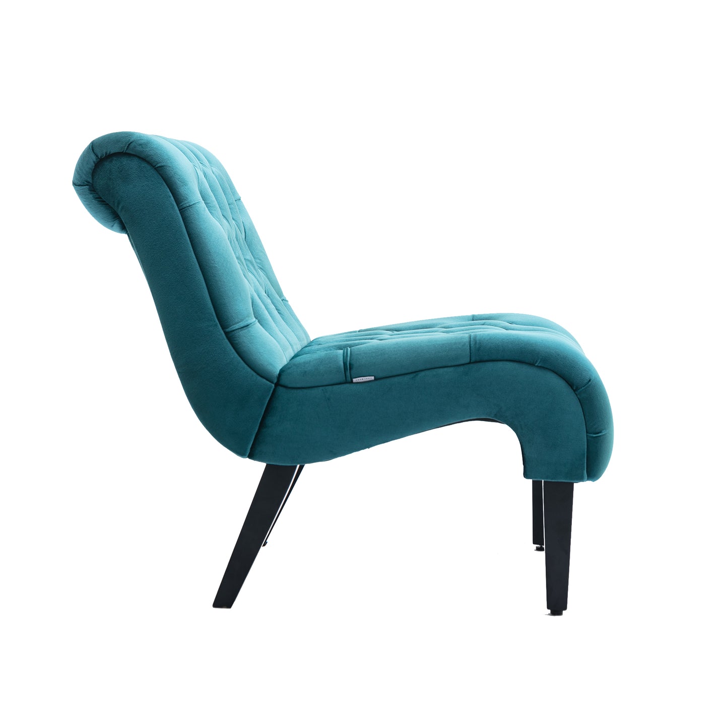 Teal velvet accent chair with diamond tufting and curved silhouette