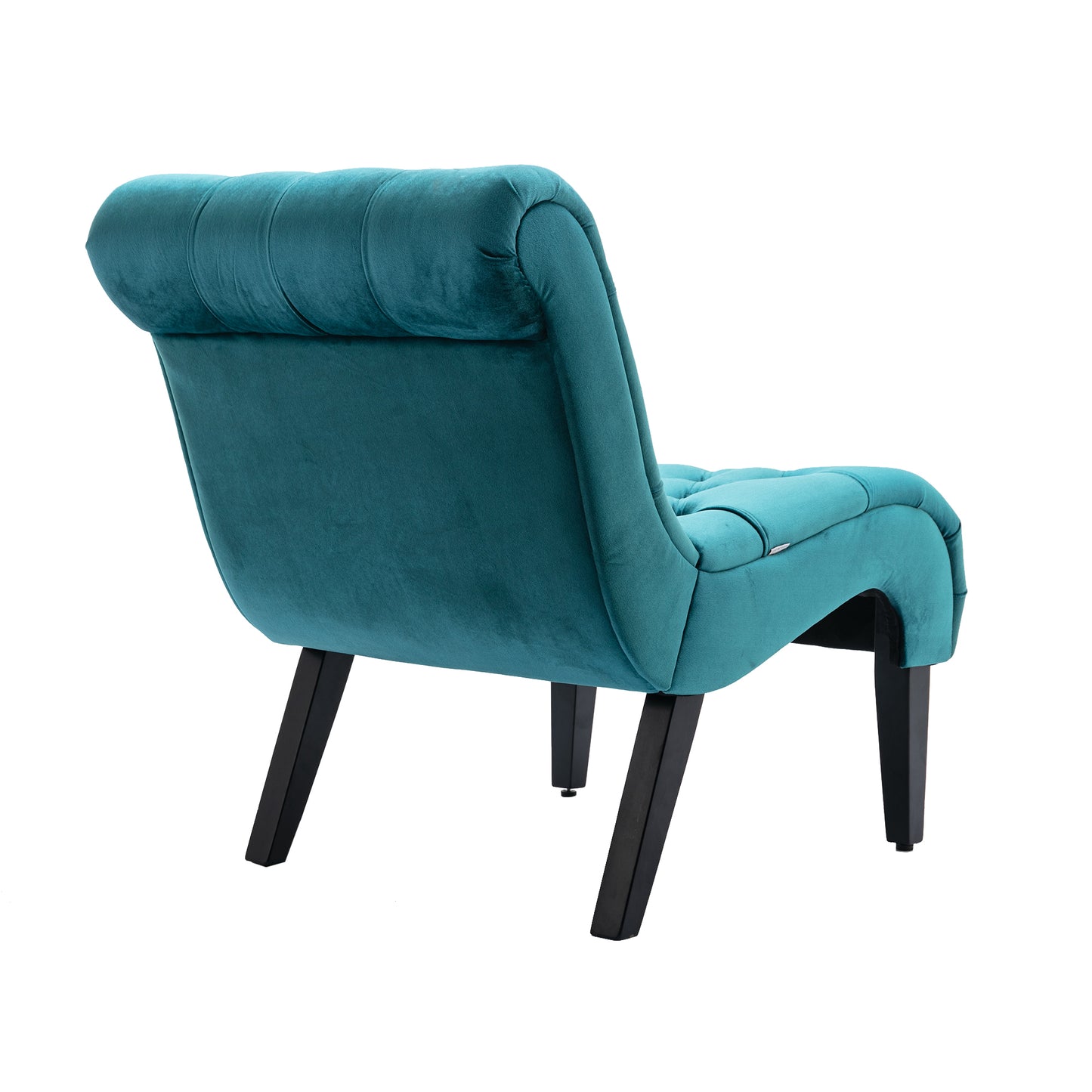 Teal velvet accent chair with button tufting and dark wood legs