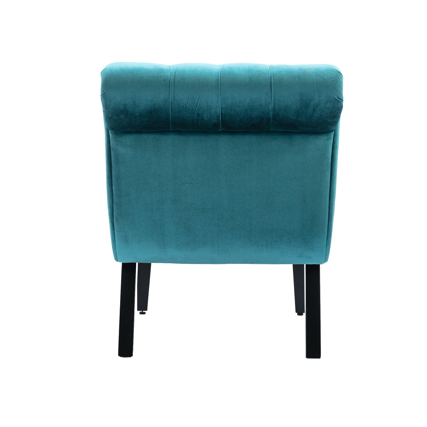 Teal velvet accent chair with deep button tufting and black tapered legs