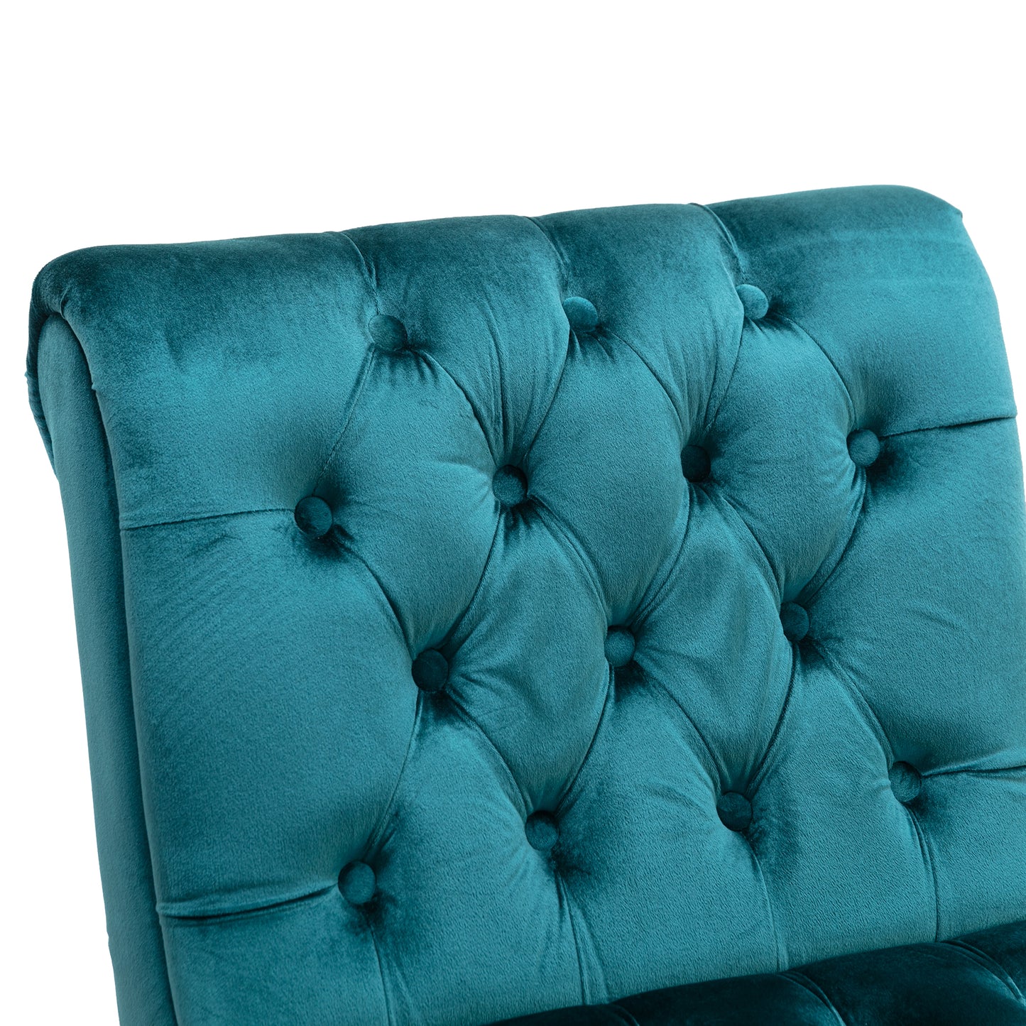 Teal velvet armchair with deep diamond tufting and rolled armrest detail