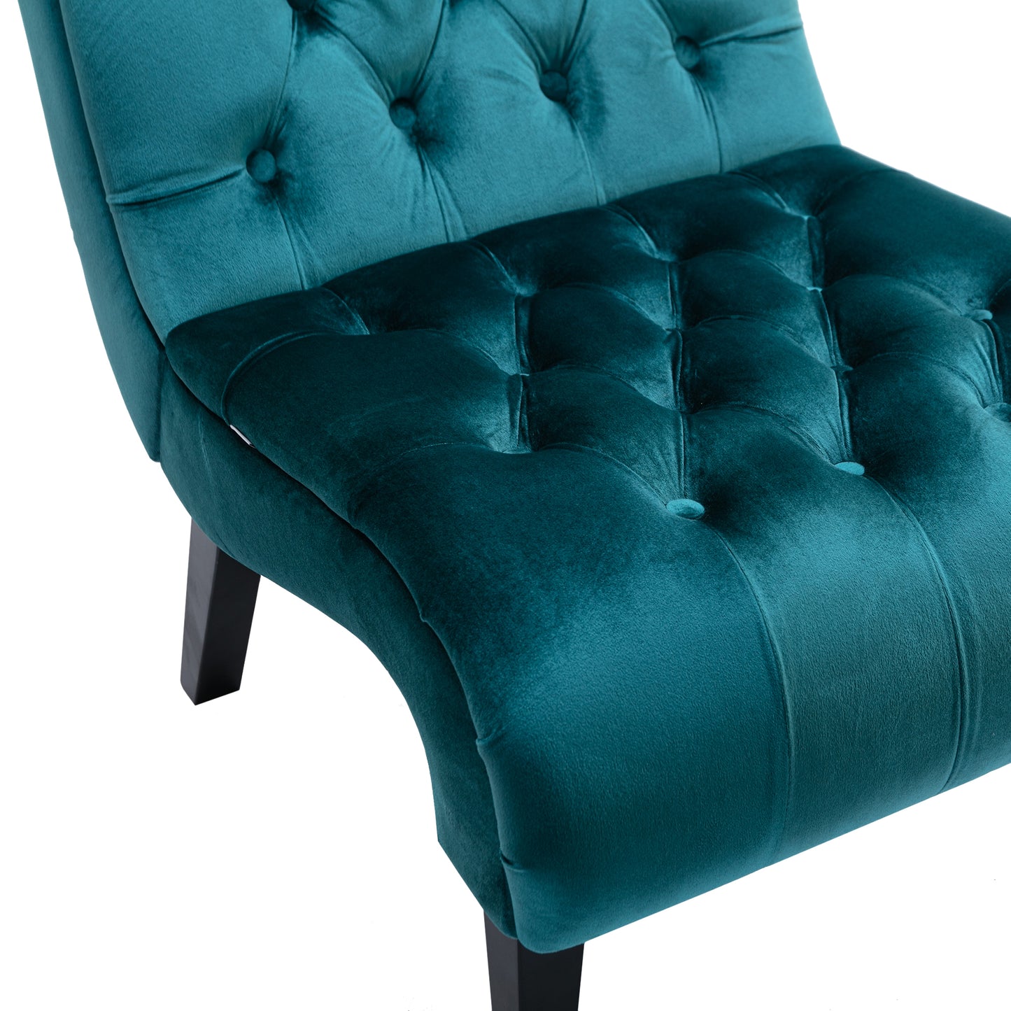 Teal velvet accent chair with tufted detailing and dark wooden legs