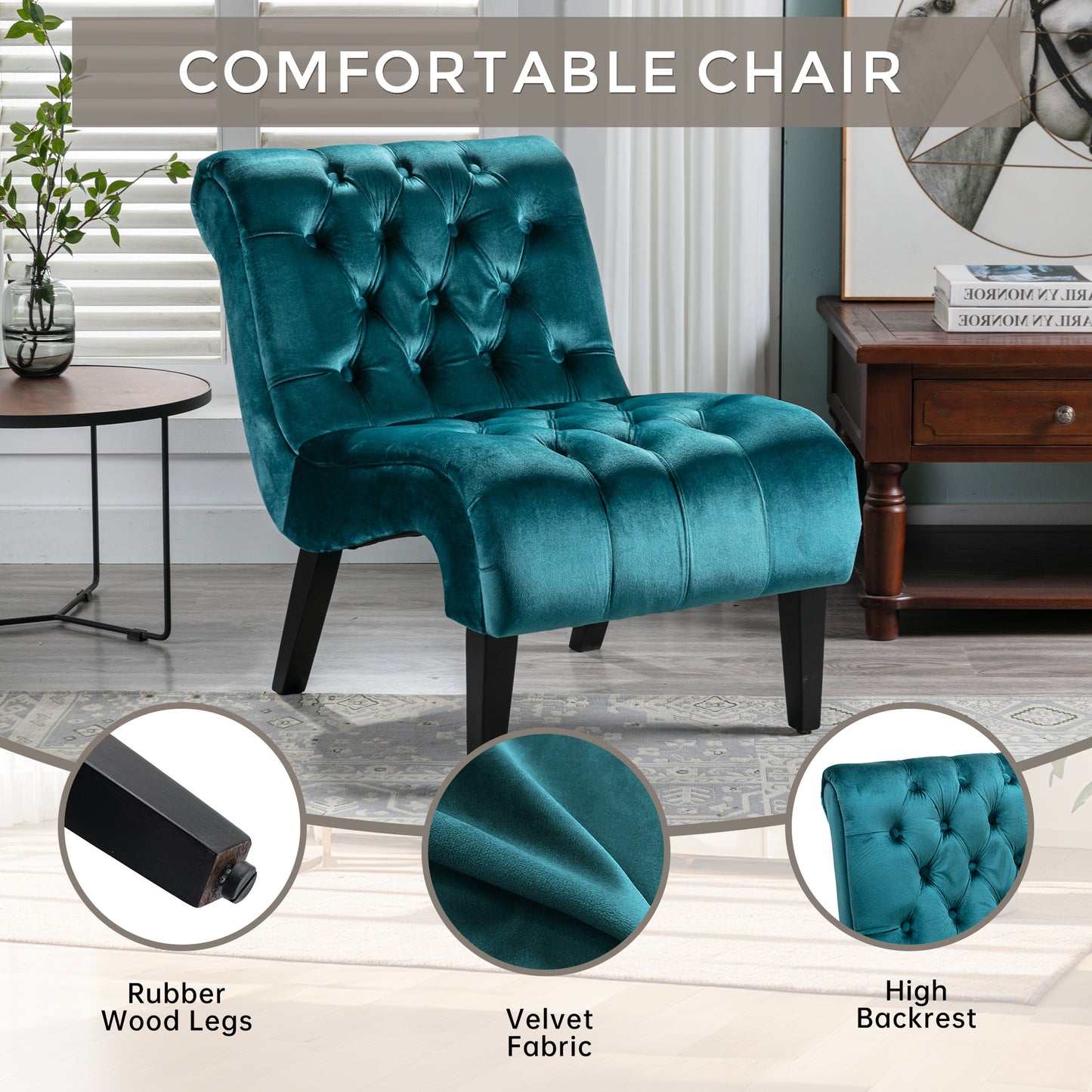 Teal velvet accent chair with tufted back and gold legs for living room decor