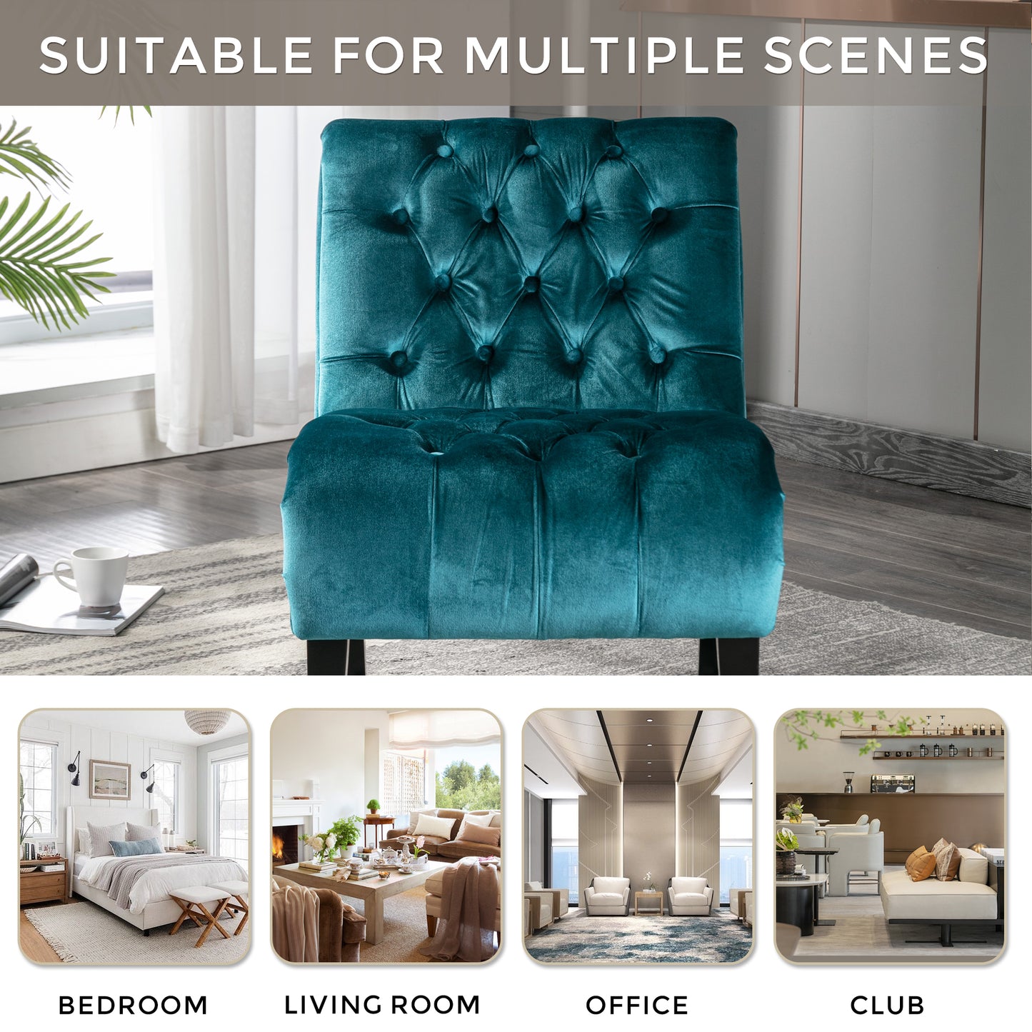 Teal velvet accent chair with tufted button details perfect for small spaces