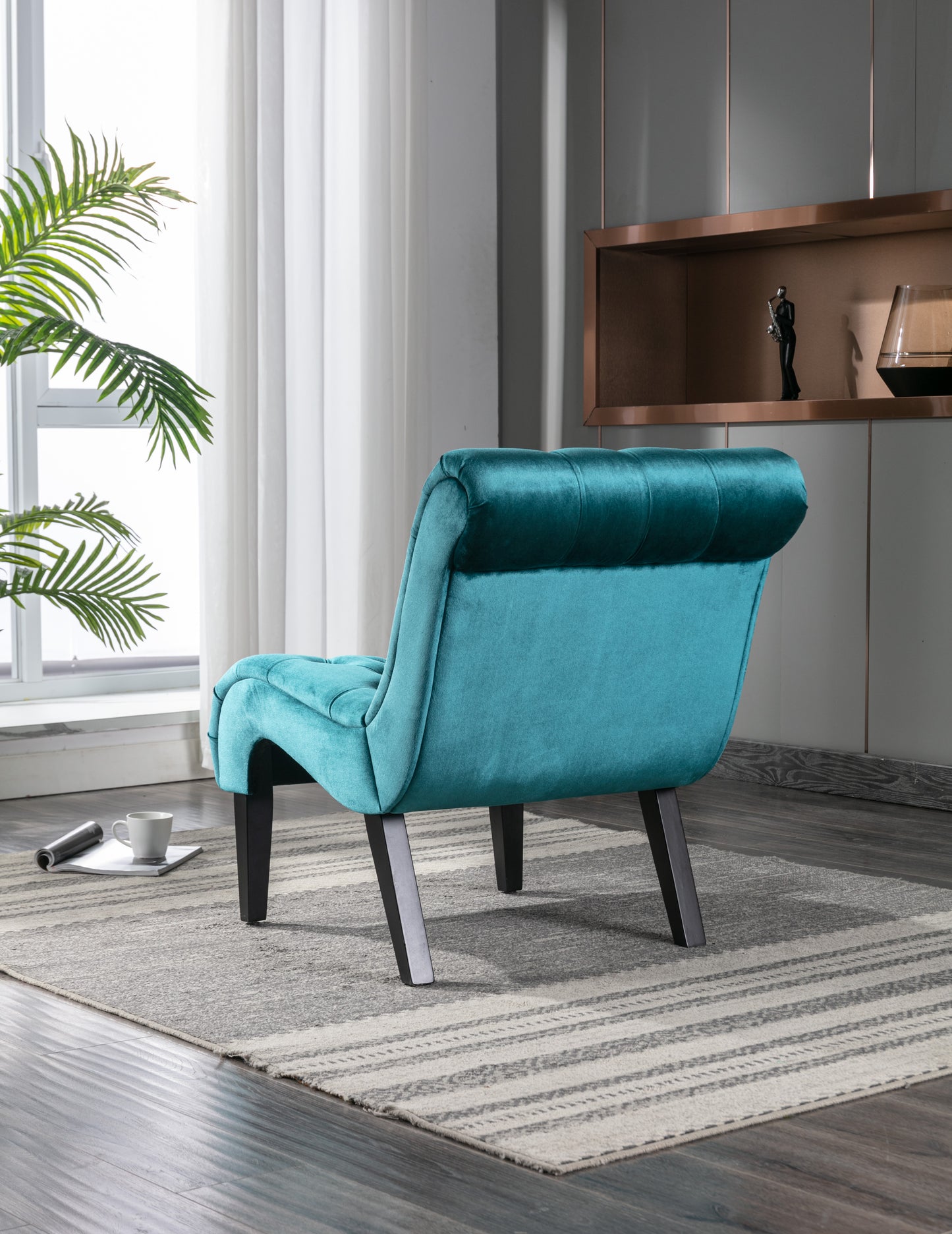 Tufted teal velvet accent chair with dark wood legs elegant tufted back design