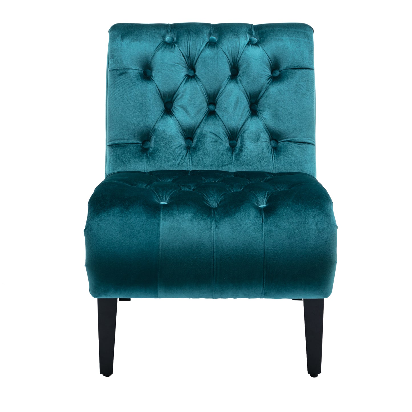 Teal velvet accent chair with diamond tufting on back and seat perfect for modern living rooms