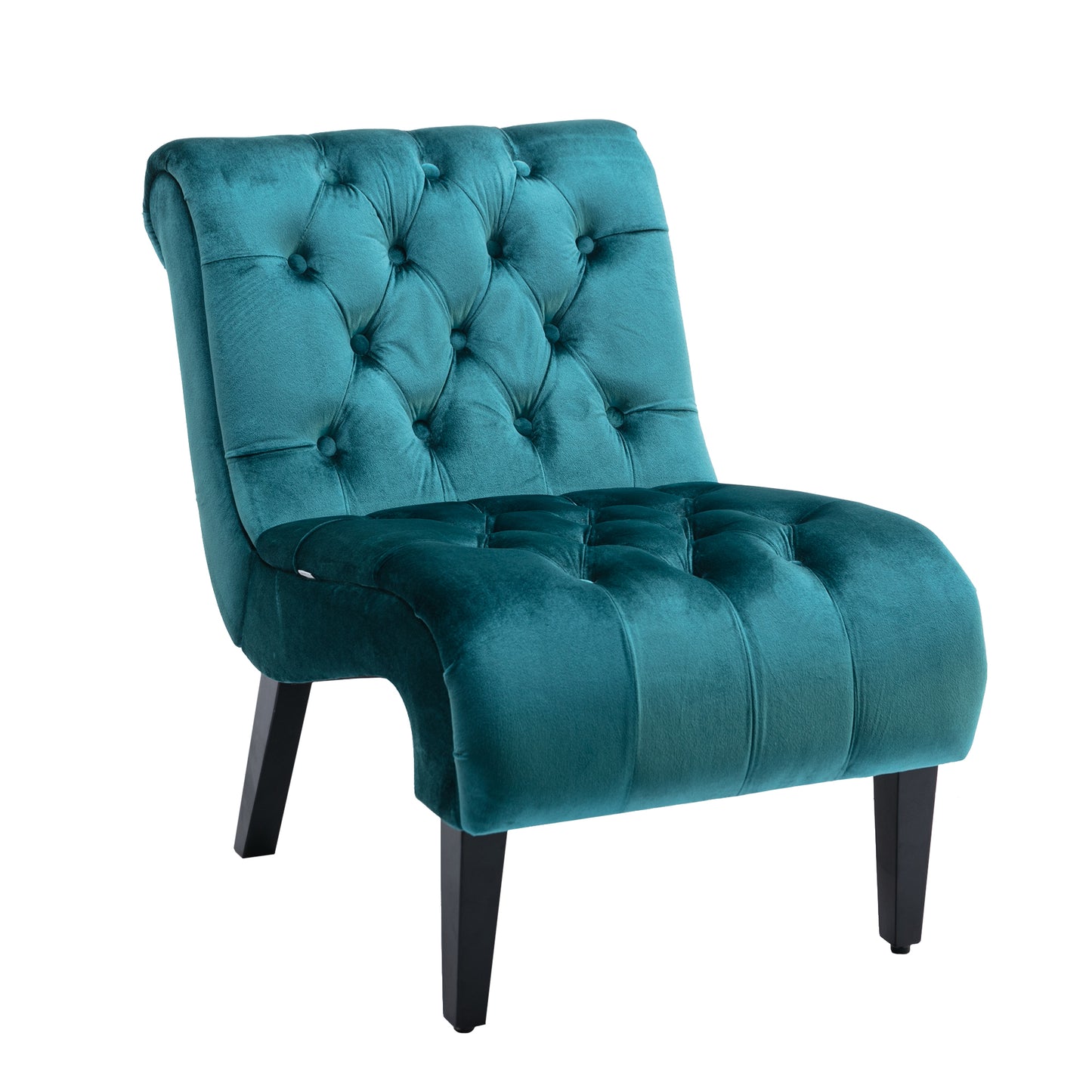 Teal velvet accent chair with tufted back and seat perfect for a modern living room