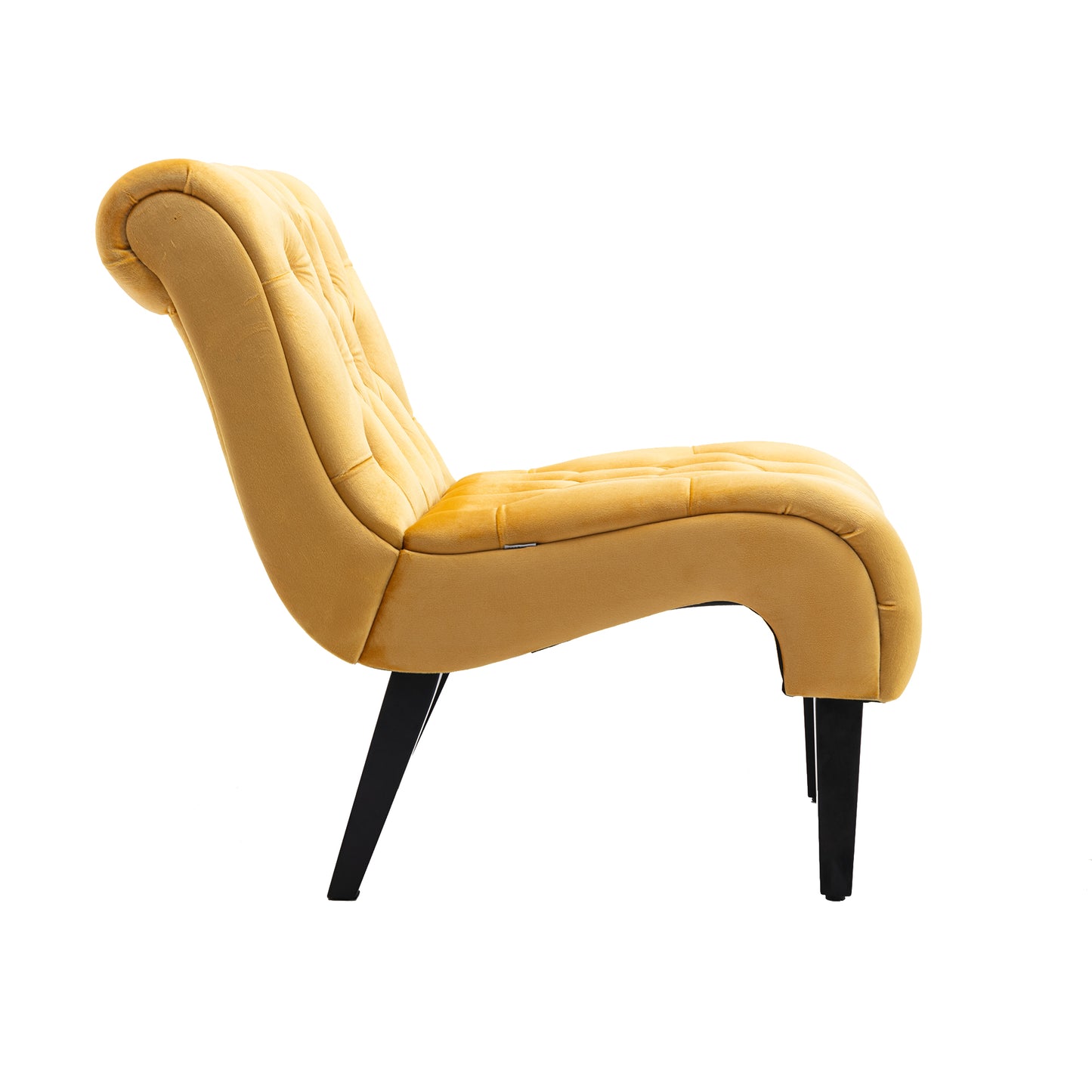 Yellow velvet accent chair with tufted back and curved silhouette modern design
