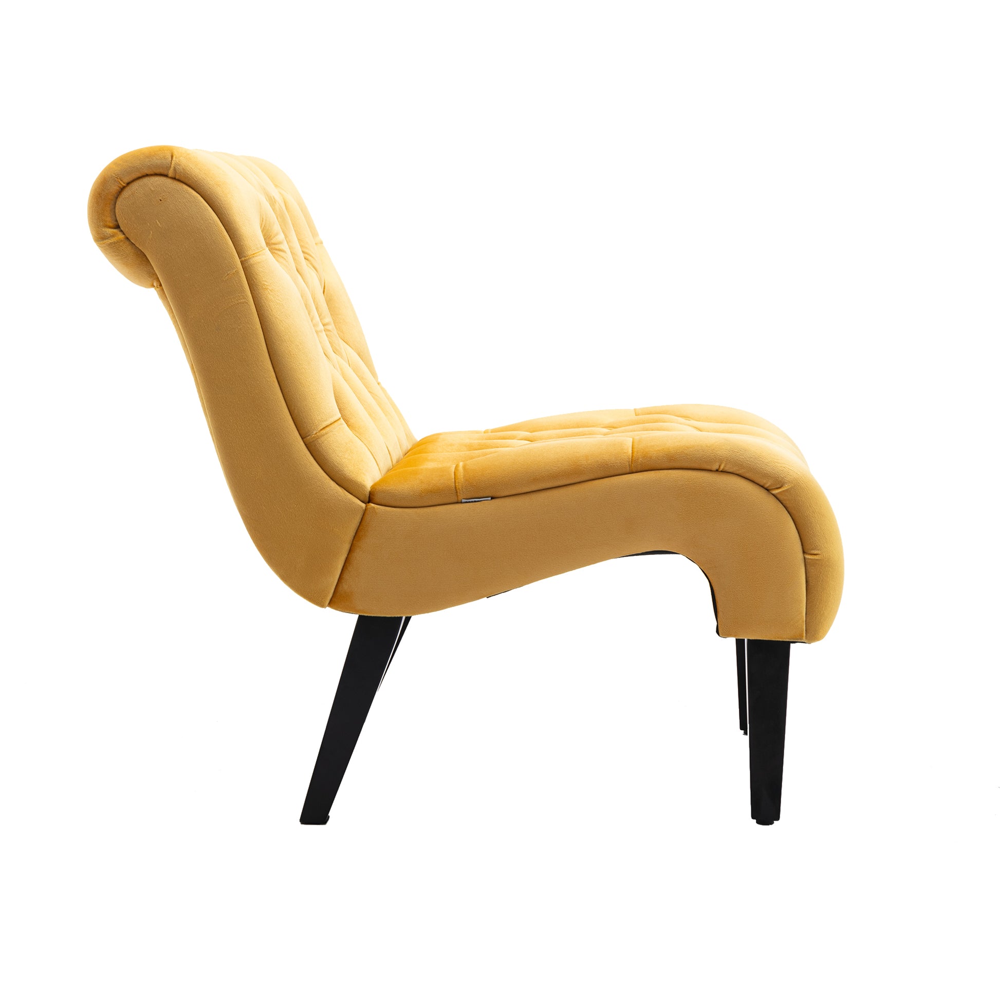 Yellow velvet accent chair with tufted back and curved silhouette modern design