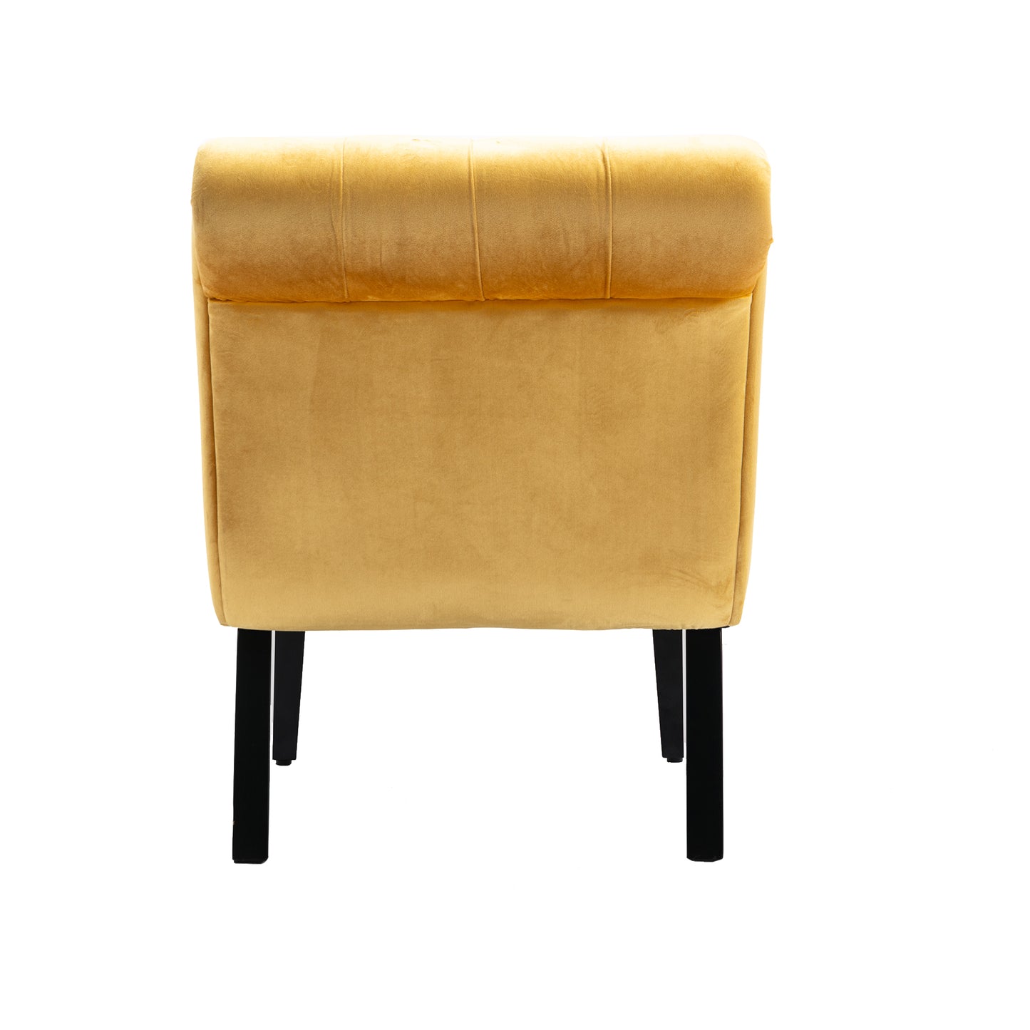 Yellow velvet accent chair with button tufting and black tapered legs