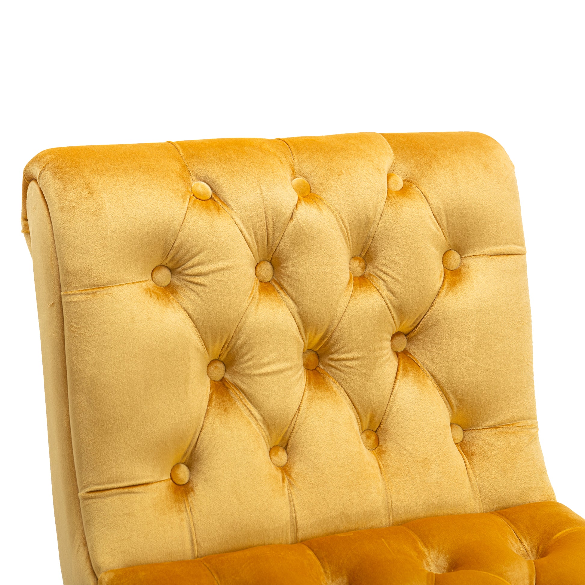 Yellow velvet tufted accent chair back with button details