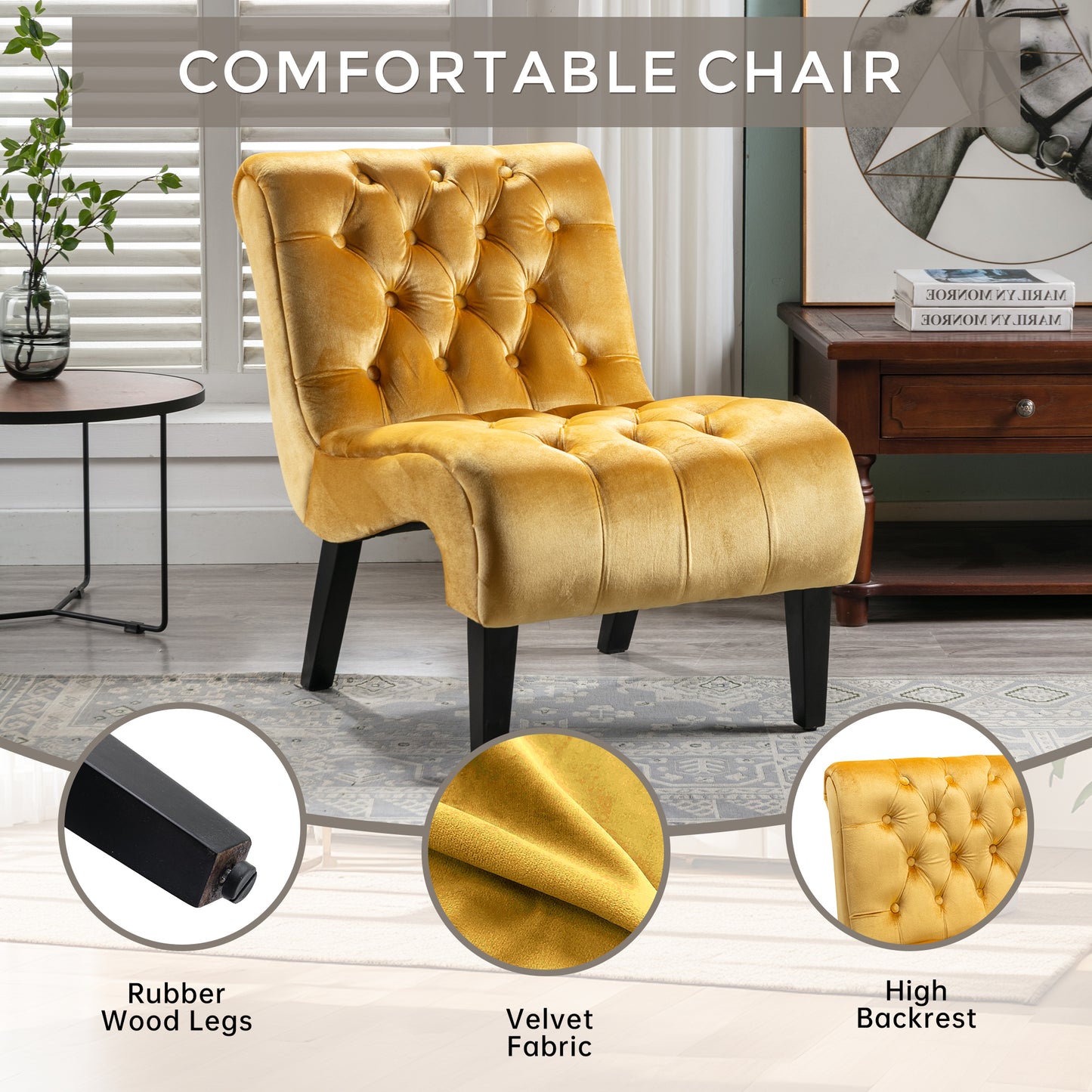 Yellow velvet accent chair with tufted back and black tapered legs