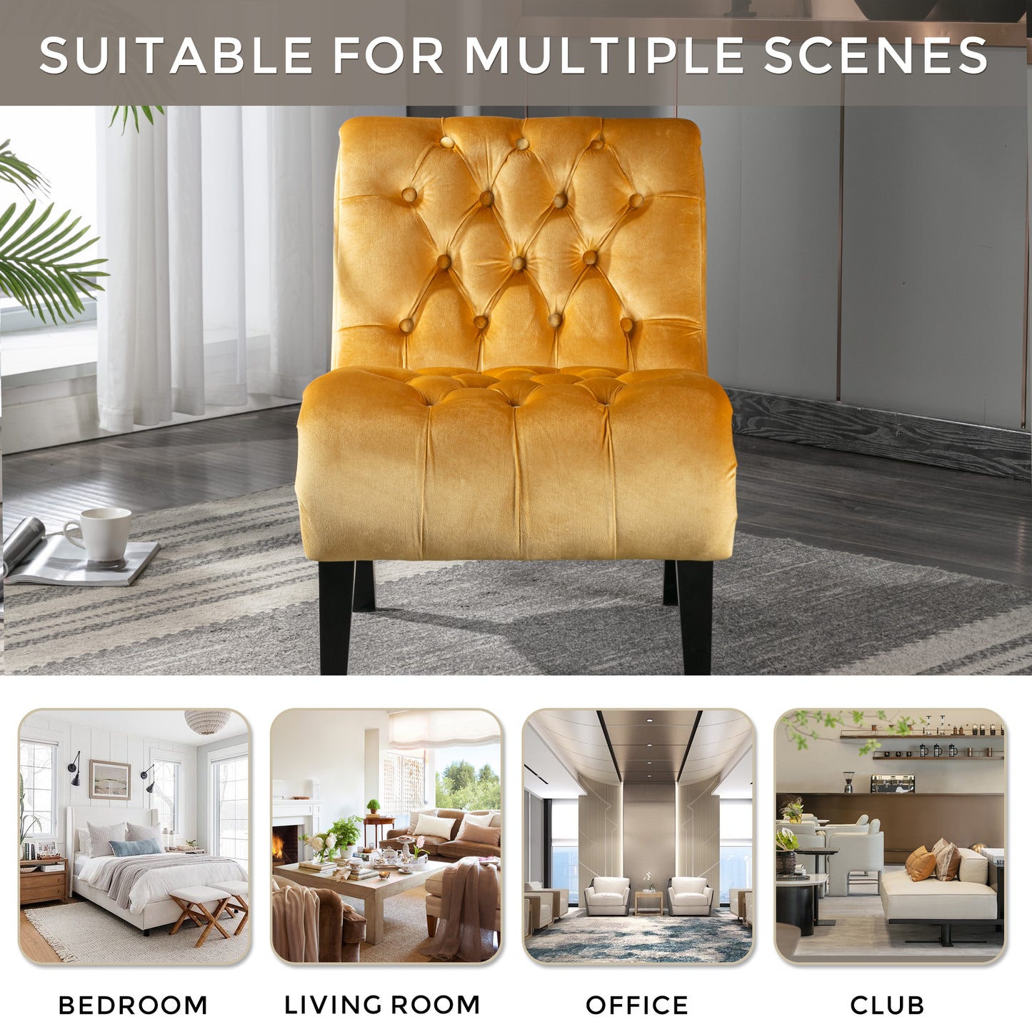 Tufted velvet accent chair in bright mustard yellow perfect for living rooms