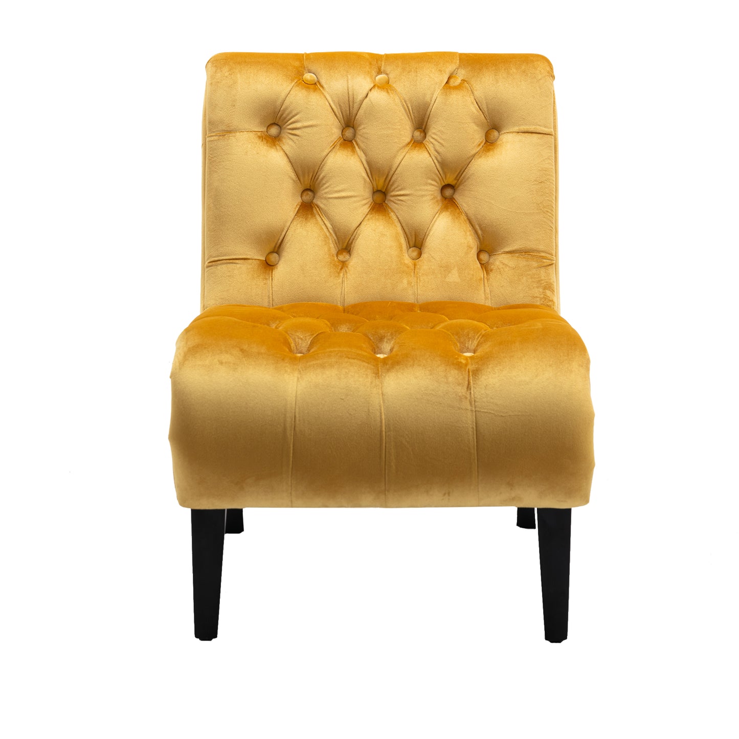Yellow velvet accent chair with button tufting and black legs