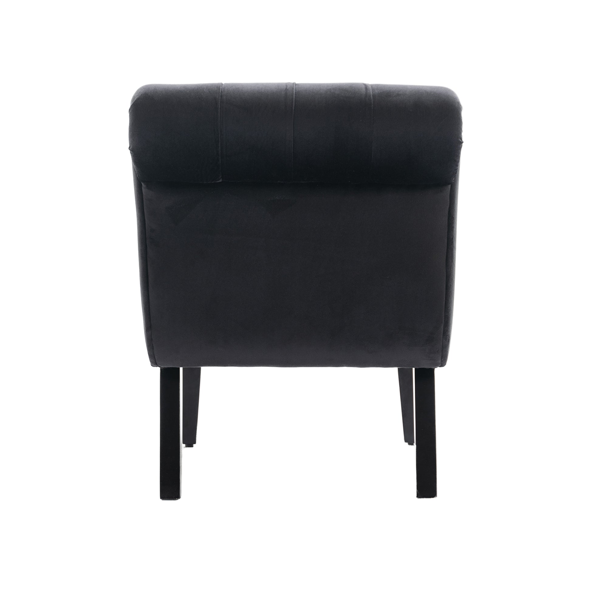 Black velvet accent chair with tufted back and dark wooden legs
