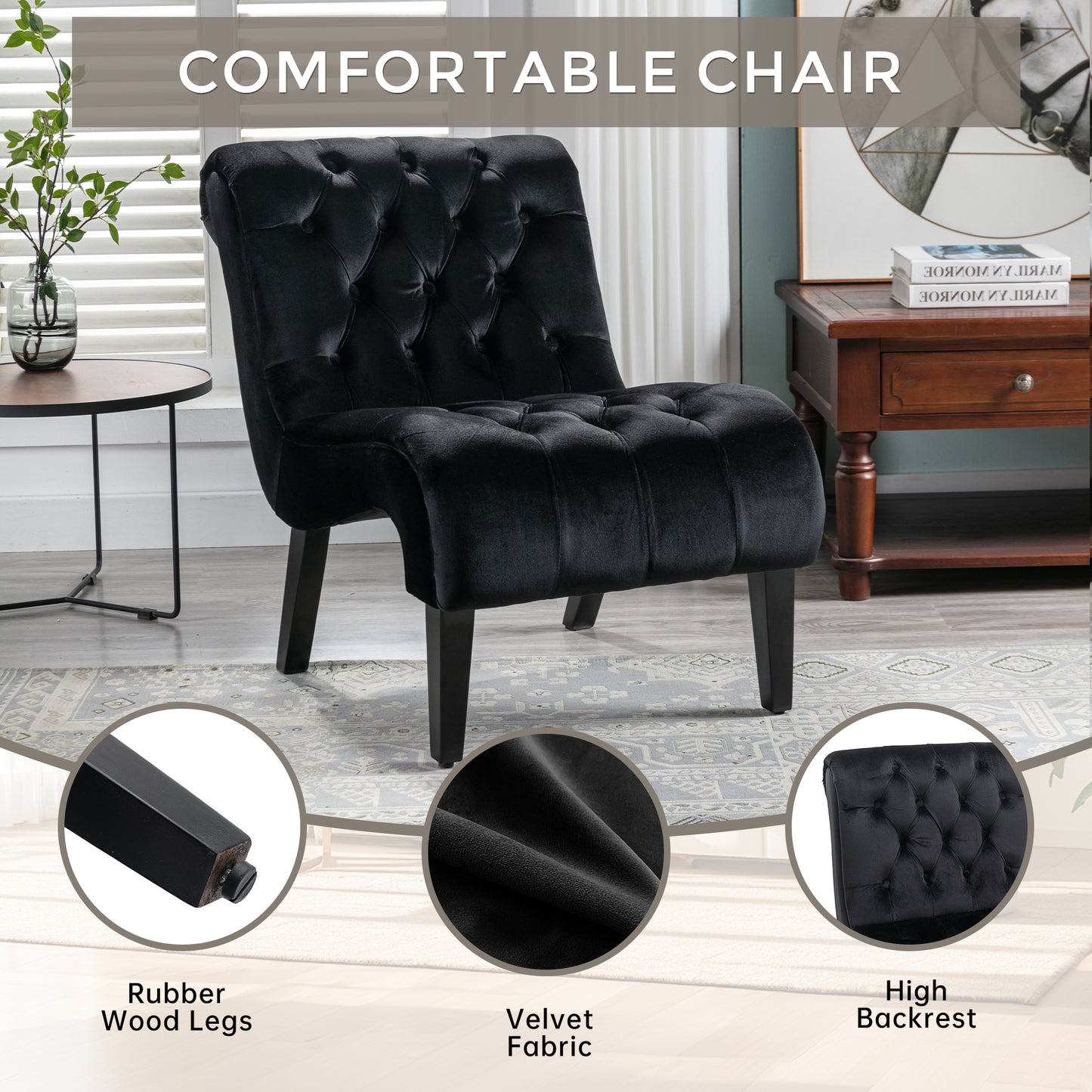 Tufted black velvet accent chair with carved details and rubber wood legs