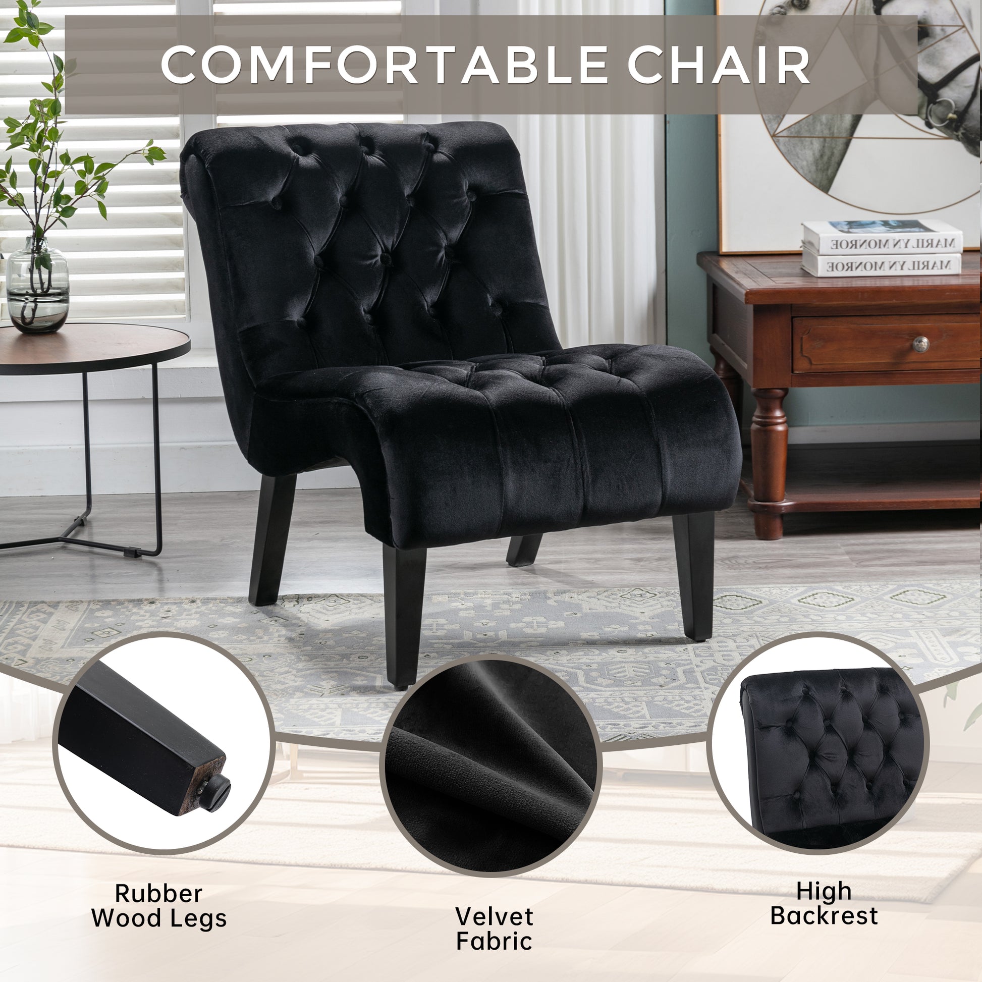 Tufted black velvet accent chair with carved details and rubber wood legs