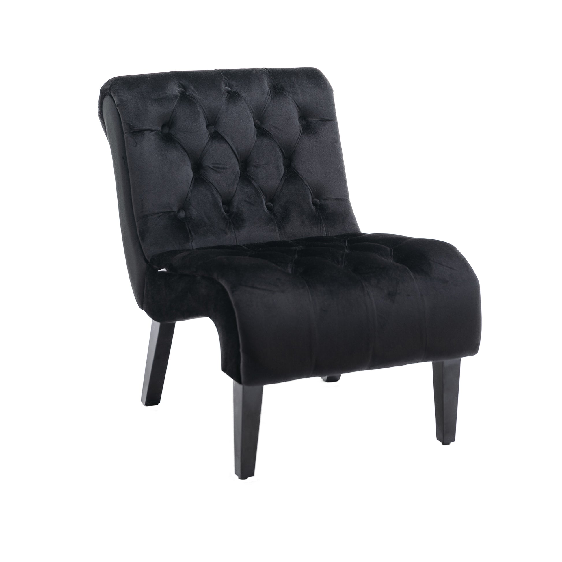 Black velvet accent chair with tufted details and wooden legs