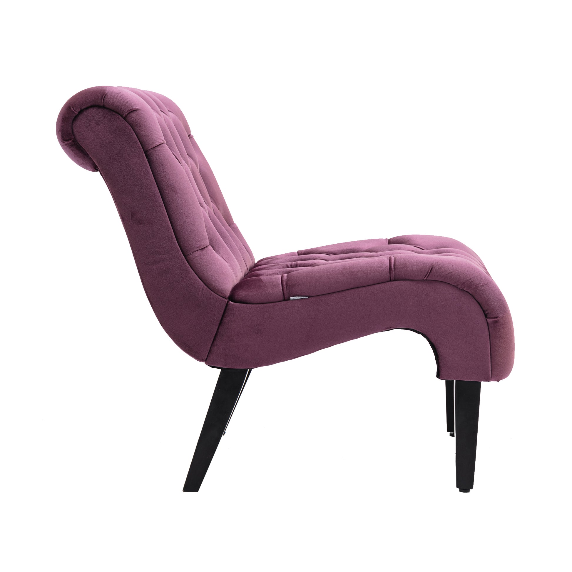 Plush plum velvet accent chair with diamond tufting and elegant curves perfect for a stylish living room